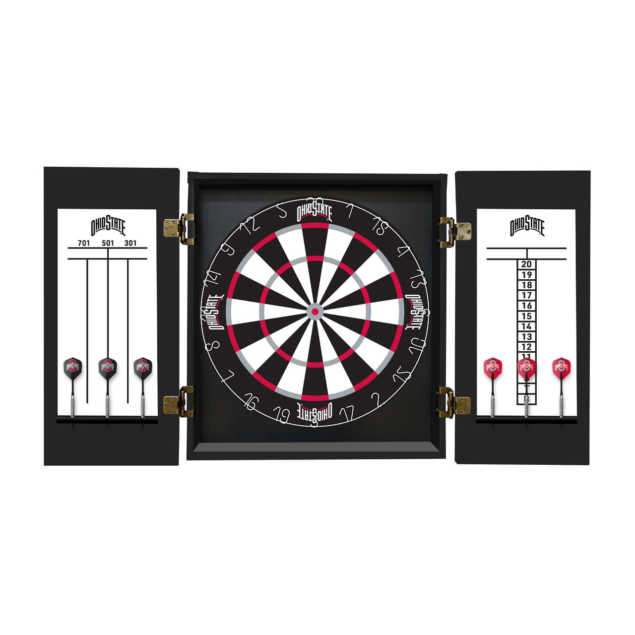 Open Ohio State Buckeyes dartboard cabinet showing the bristle dartboard, built-in scoreboards, and team graphics