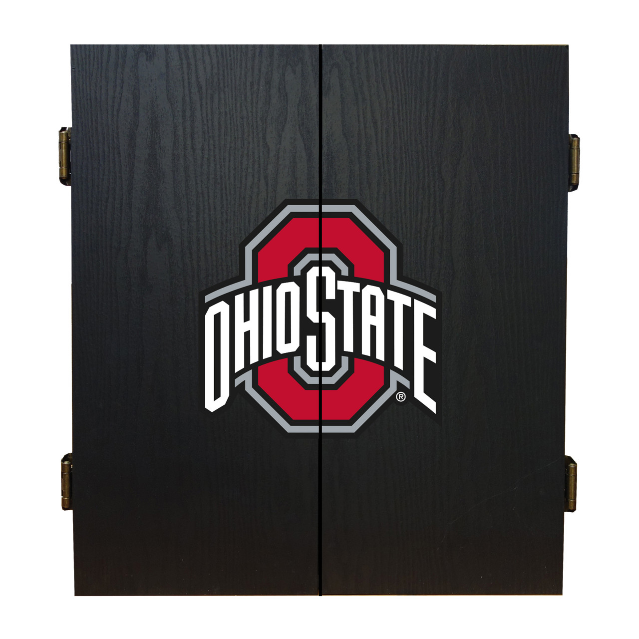 Closed Ohio State Buckeyes dartboard cabinet with black finish and team logo on the front