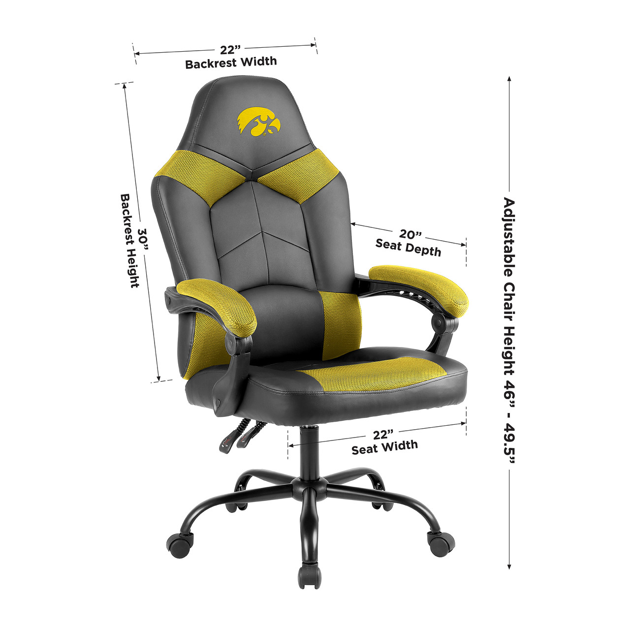 University of Iowa Hawkeyes Champ Chair shown with product dimensions, featuring black and gold team styling, padded seat, armrests, and caster wheels.