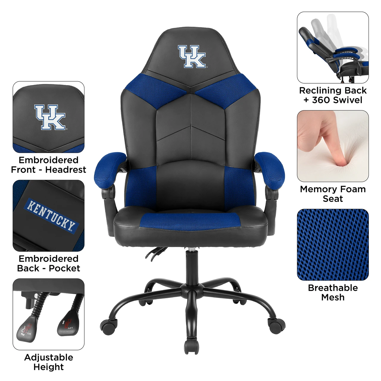 University of Kentucky Wildcats Champ Chair feature image showing embroidered team logo, padded armrests, adjustable height, smooth rolling casters, and black and blue upholstery.