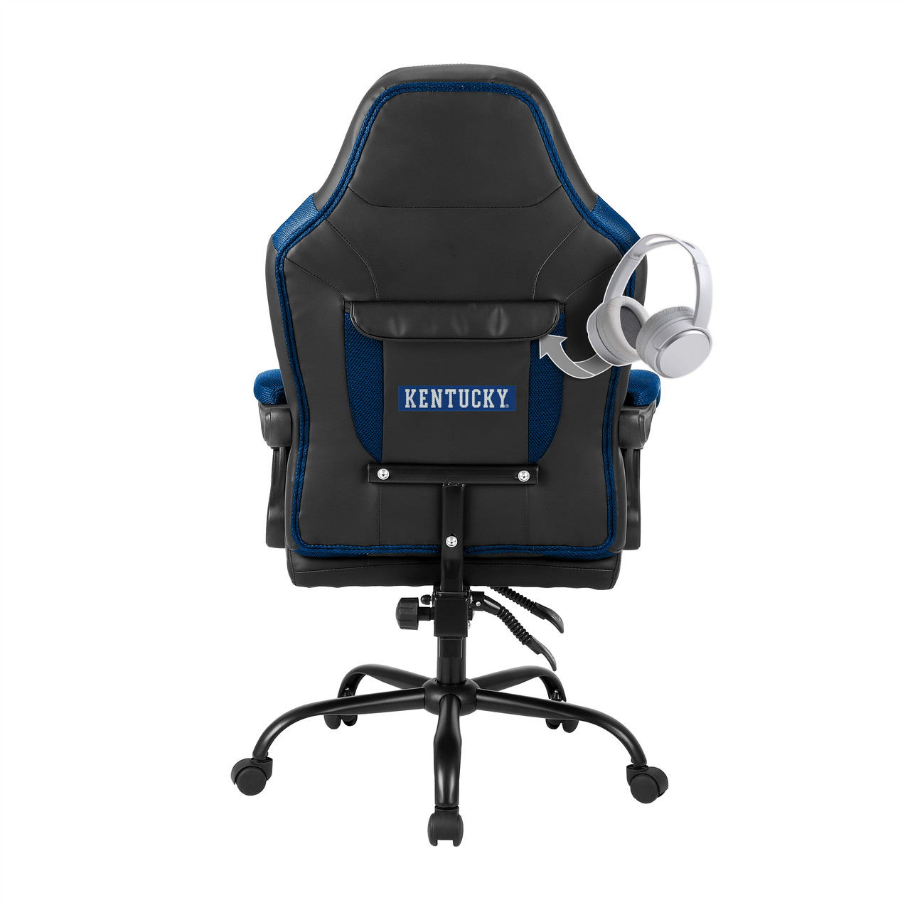 Rear view of the University of Kentucky Wildcats Champ Chair showing the black backrest, blue trim, rear storage pouch, and adjustable office chair base.