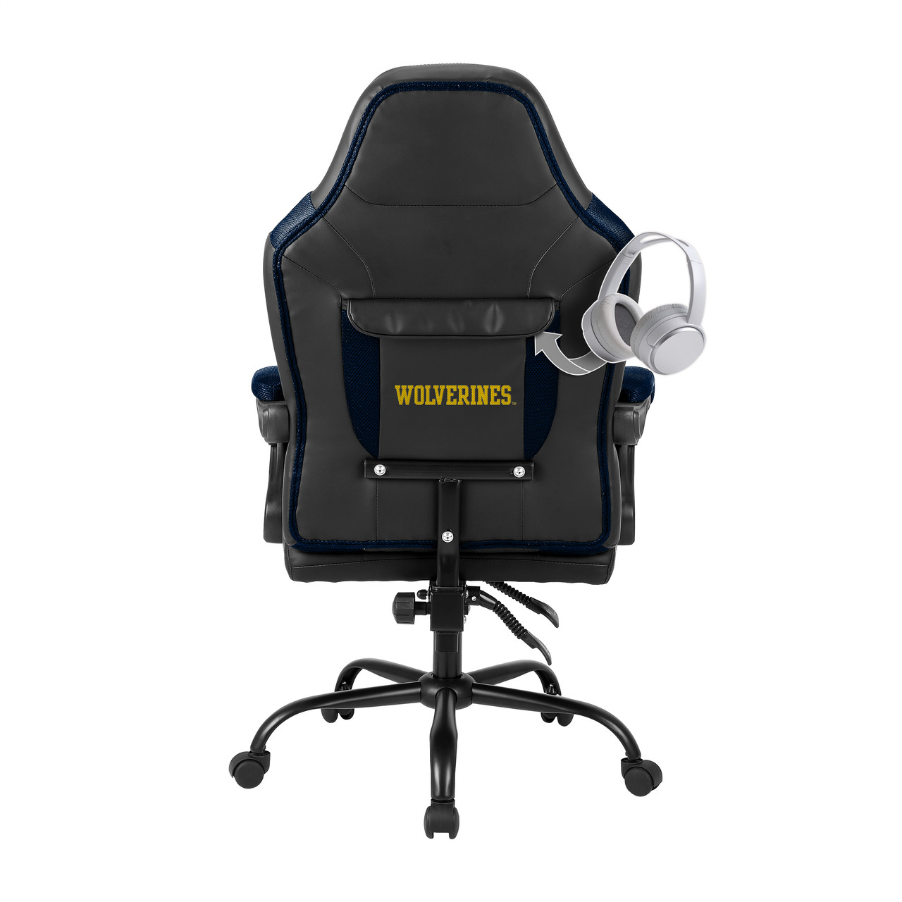 Back view of the University of Michigan Wolverines office gaming chair featuring team branding on the chair back and a padded headrest design.