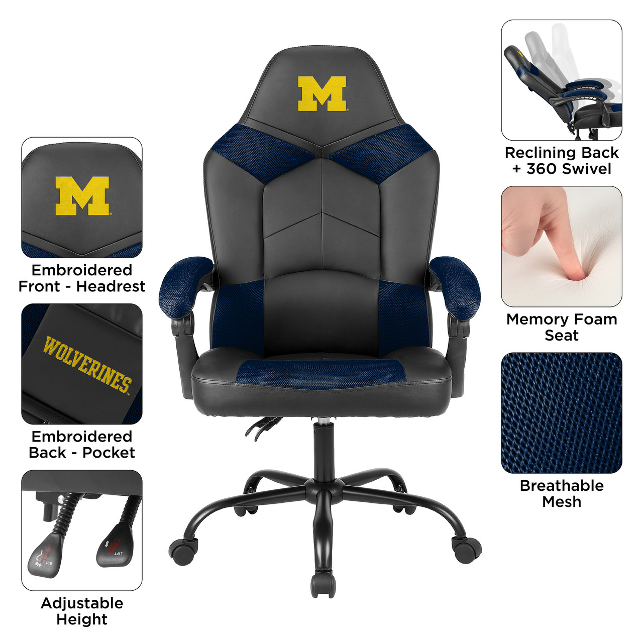 University of Michigan Wolverines gaming chair feature graphic highlighting adjustable armrests, reclining function, padded seating, and team logo details.