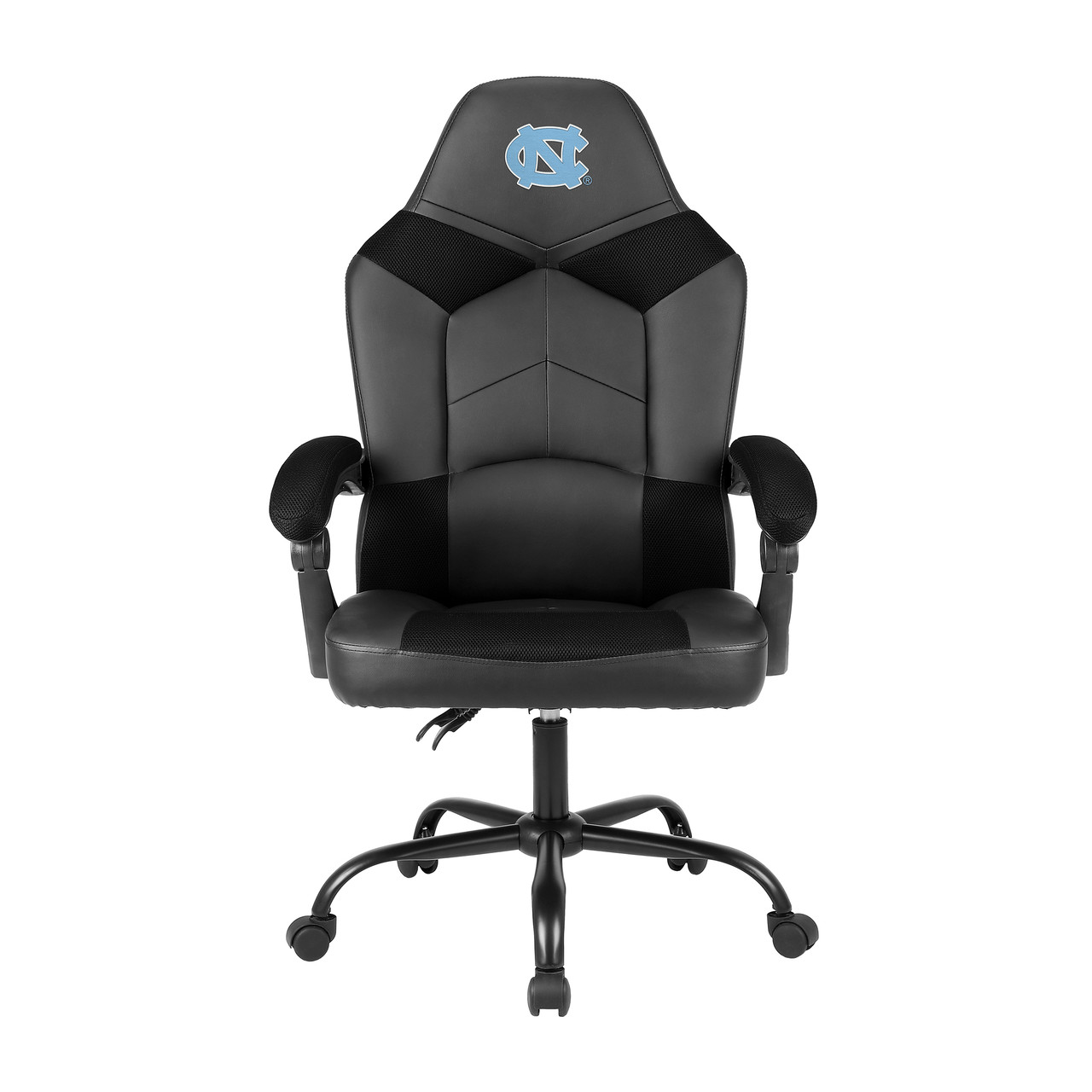 University of North Carolina Tar Heels oversized office chair in black and gray with a Carolina blue UNC logo on the headrest, shown from the front.