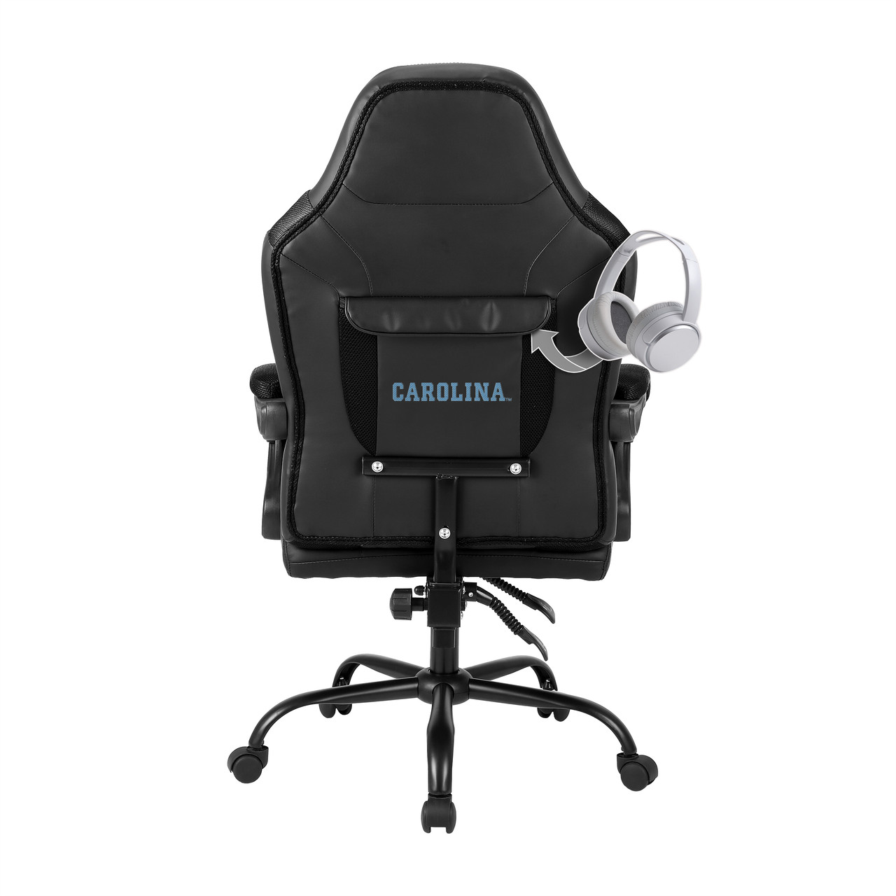 Back view of the University of North Carolina Tar Heels oversized office chair featuring a storage pouch and team branding on the chair back.