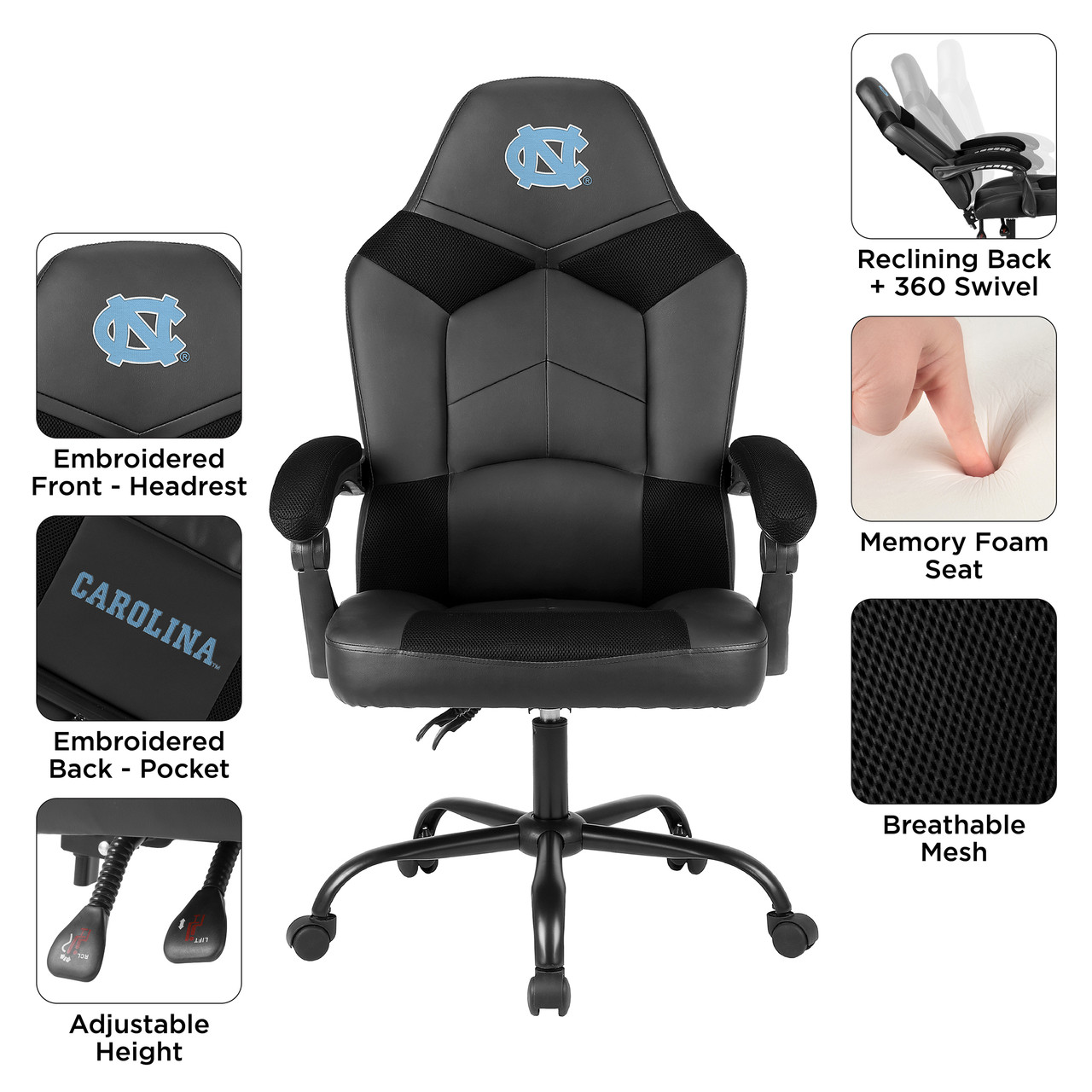 University of North Carolina Tar Heels oversized office chair feature graphic highlighting adjustable armrests, reclining back support, padded seating, and team logo styling.