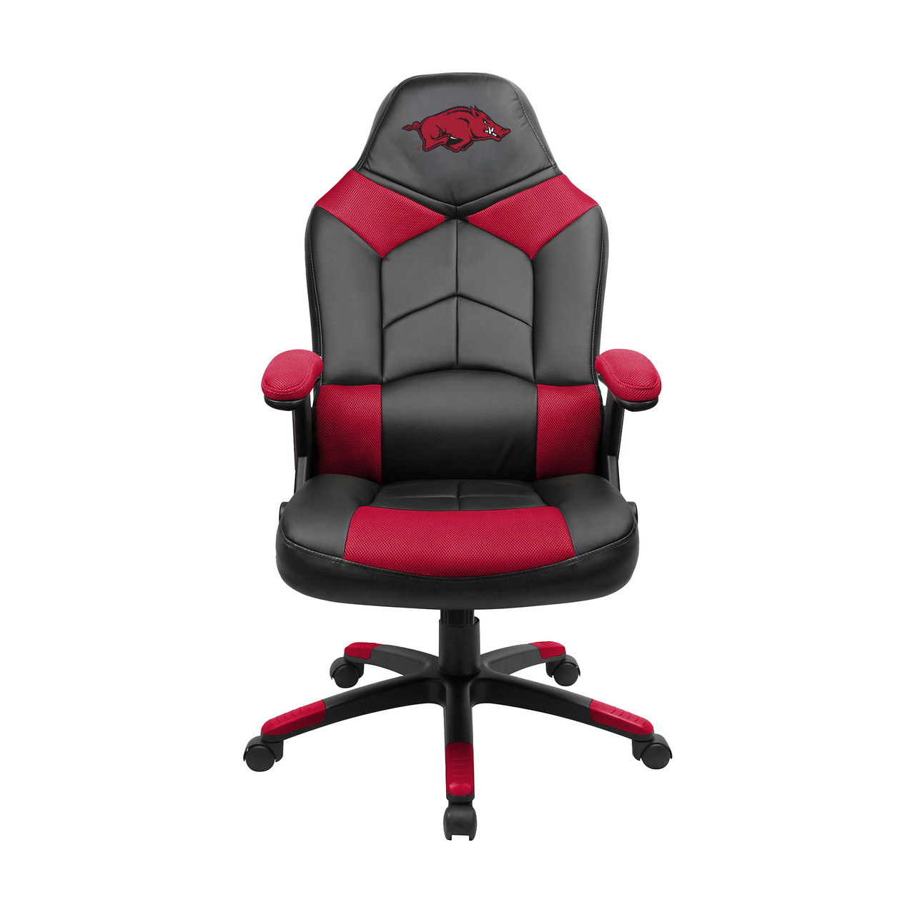 University of Arkansas Razorbacks oversized gaming chair in black, gray, and red with a red Razorbacks logo on the headrest, shown from the front.