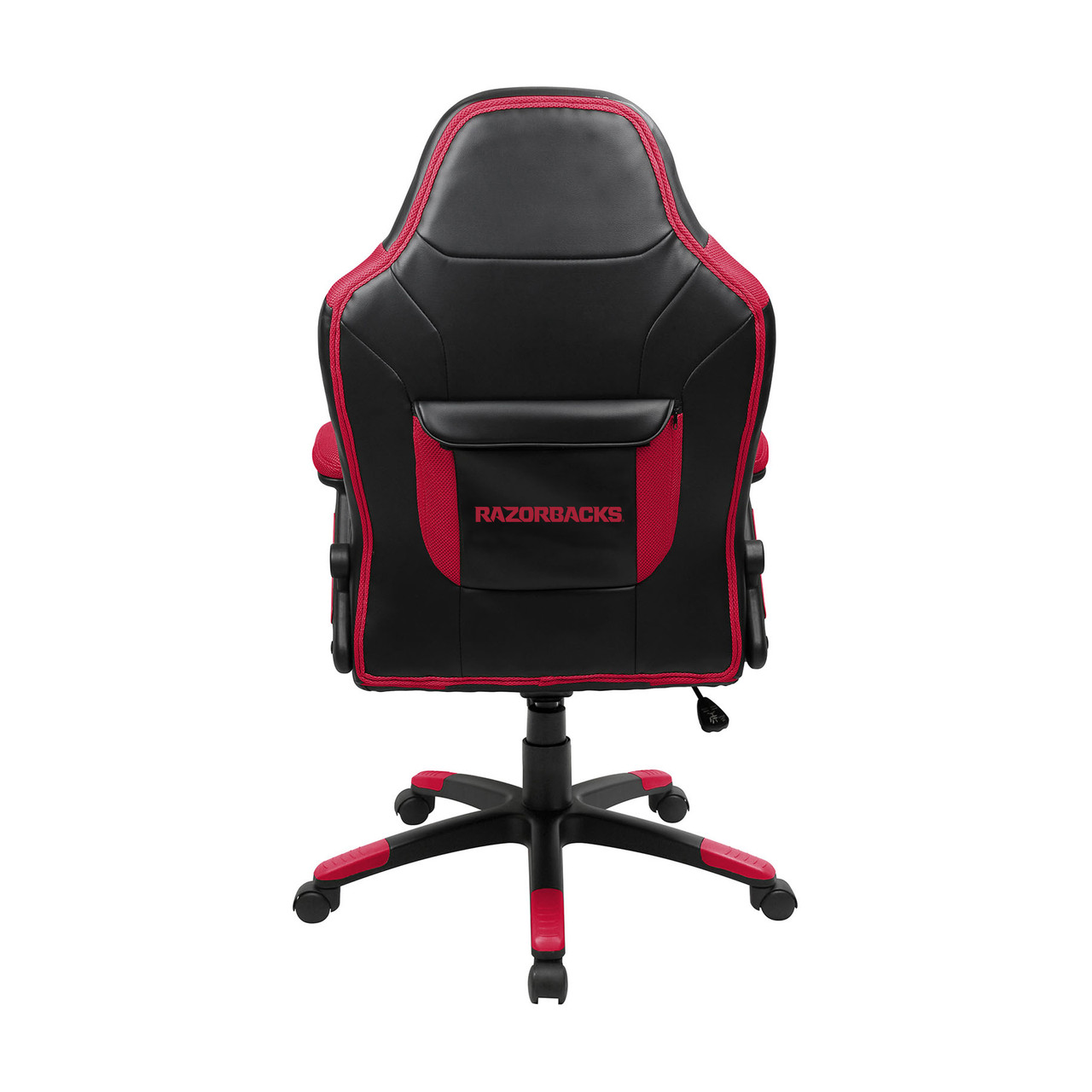 Back view of the University of Arkansas Razorbacks oversized gaming chair featuring red trim, a rear storage pouch, and team branding on the chair back.