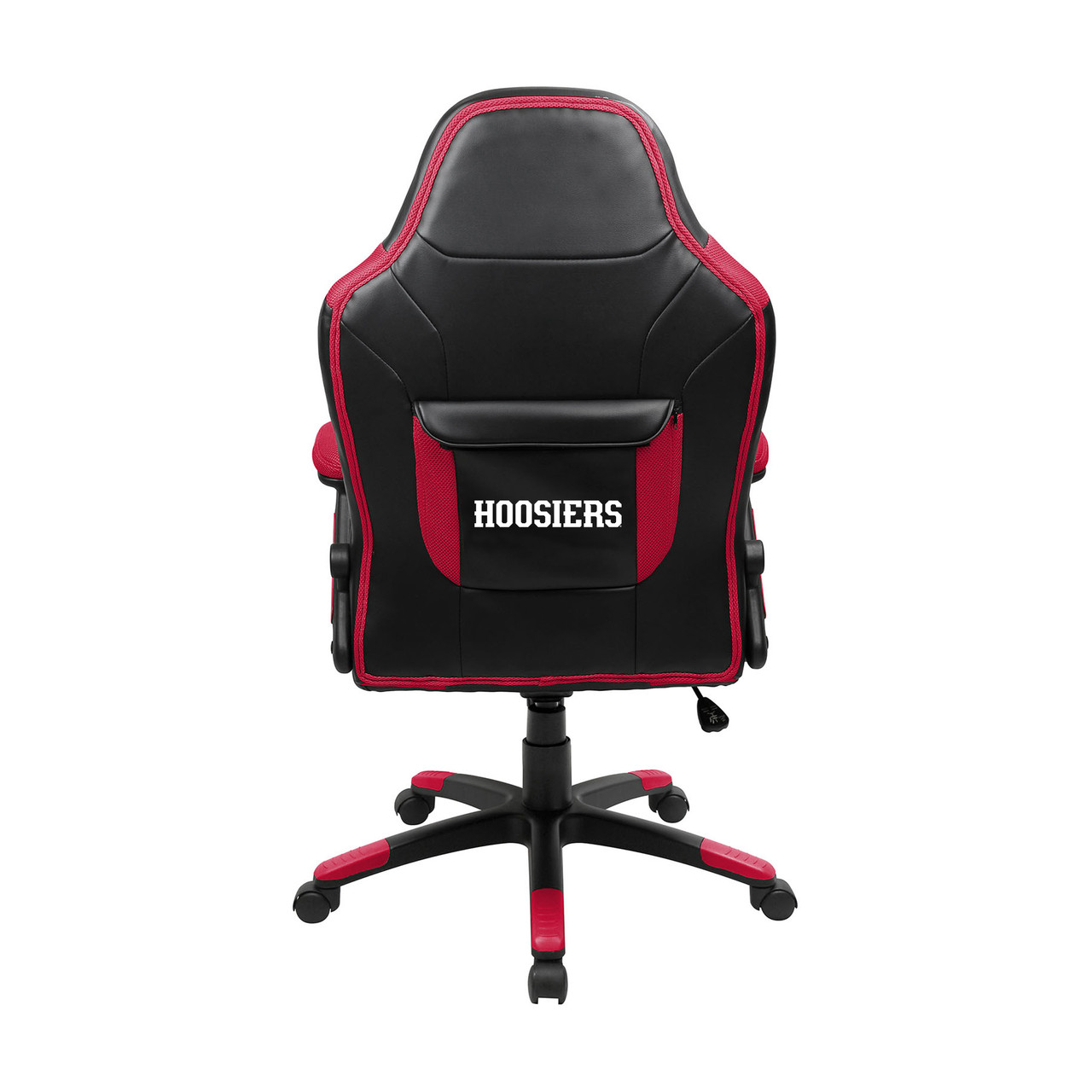 Back view of the Indiana University Hoosiers oversized gaming chair featuring red trim, a rear storage pouch, and Indiana team branding on the chair back.