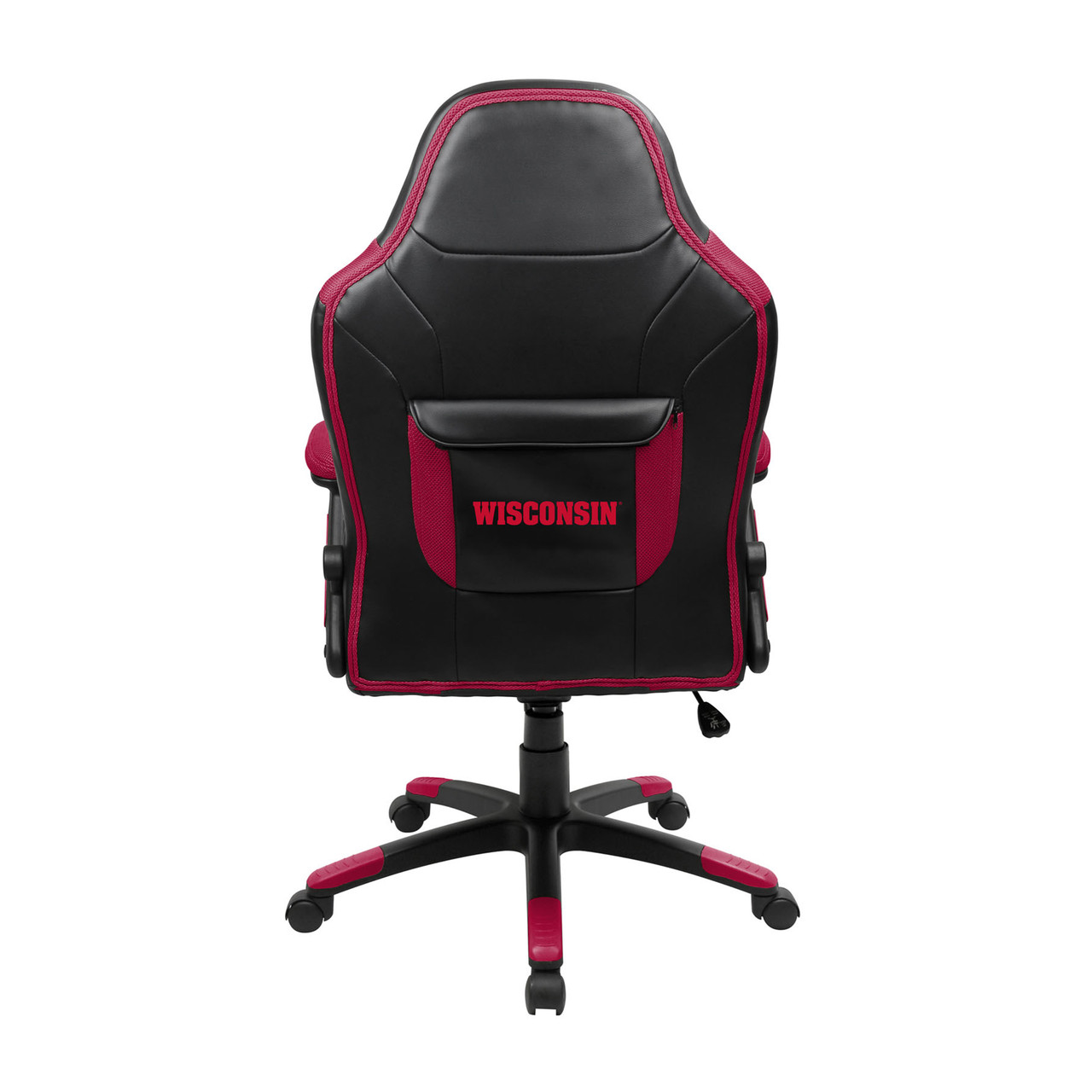 Back view of the University of Wisconsin Badgers oversized gaming chair featuring red trim, a rear storage pouch, and Wisconsin team branding on the chair back.