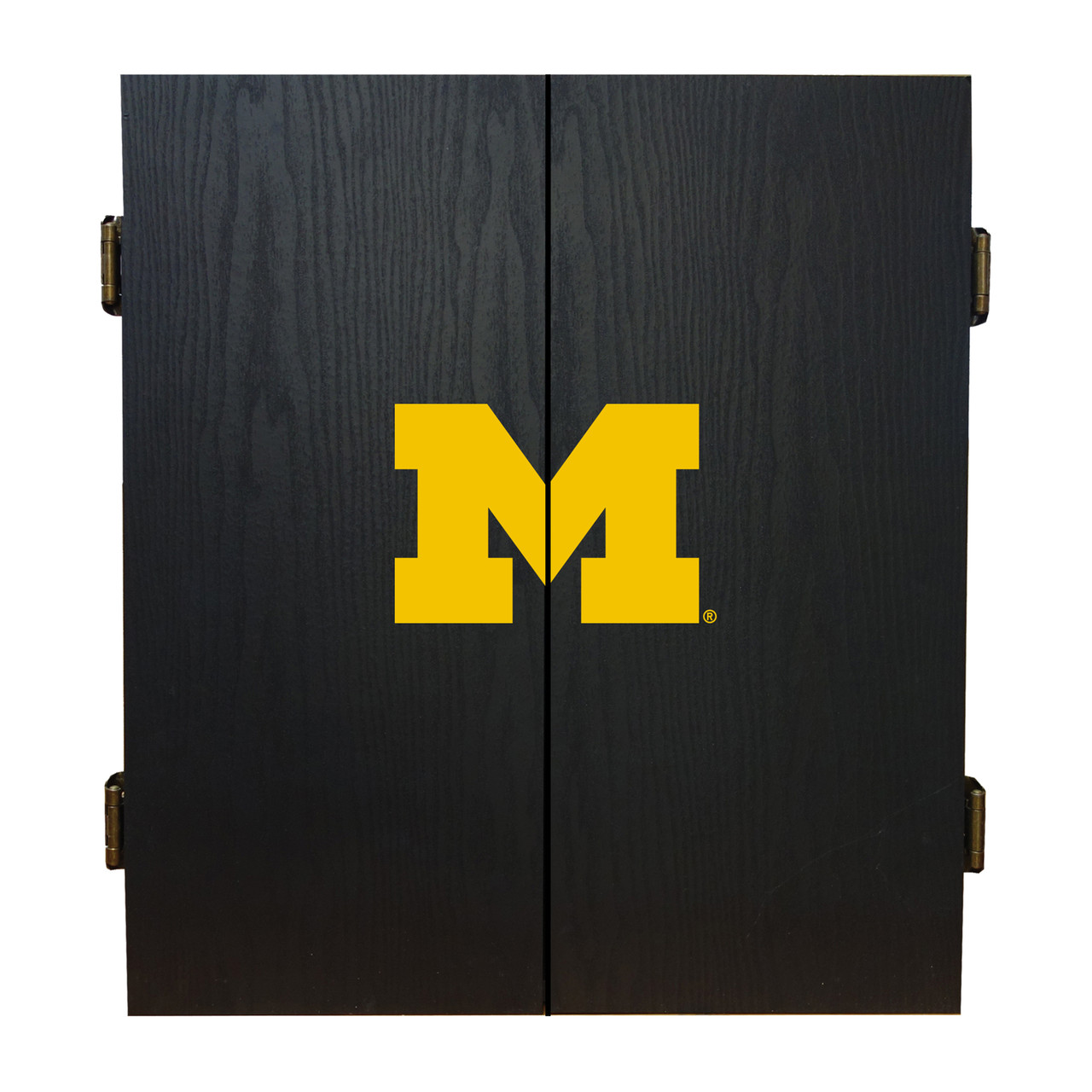 Closed University of Michigan Wolverines dart cabinet in black with the maize Block M logo displayed on the front doors.