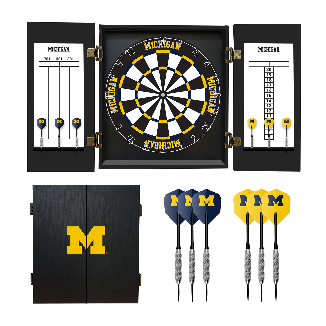 University of Michigan Wolverines dart cabinet set featuring an open cabinet with dartboard, scoreboards, darts, yellow flights, and a black cabinet door with the maize Michigan M logo.