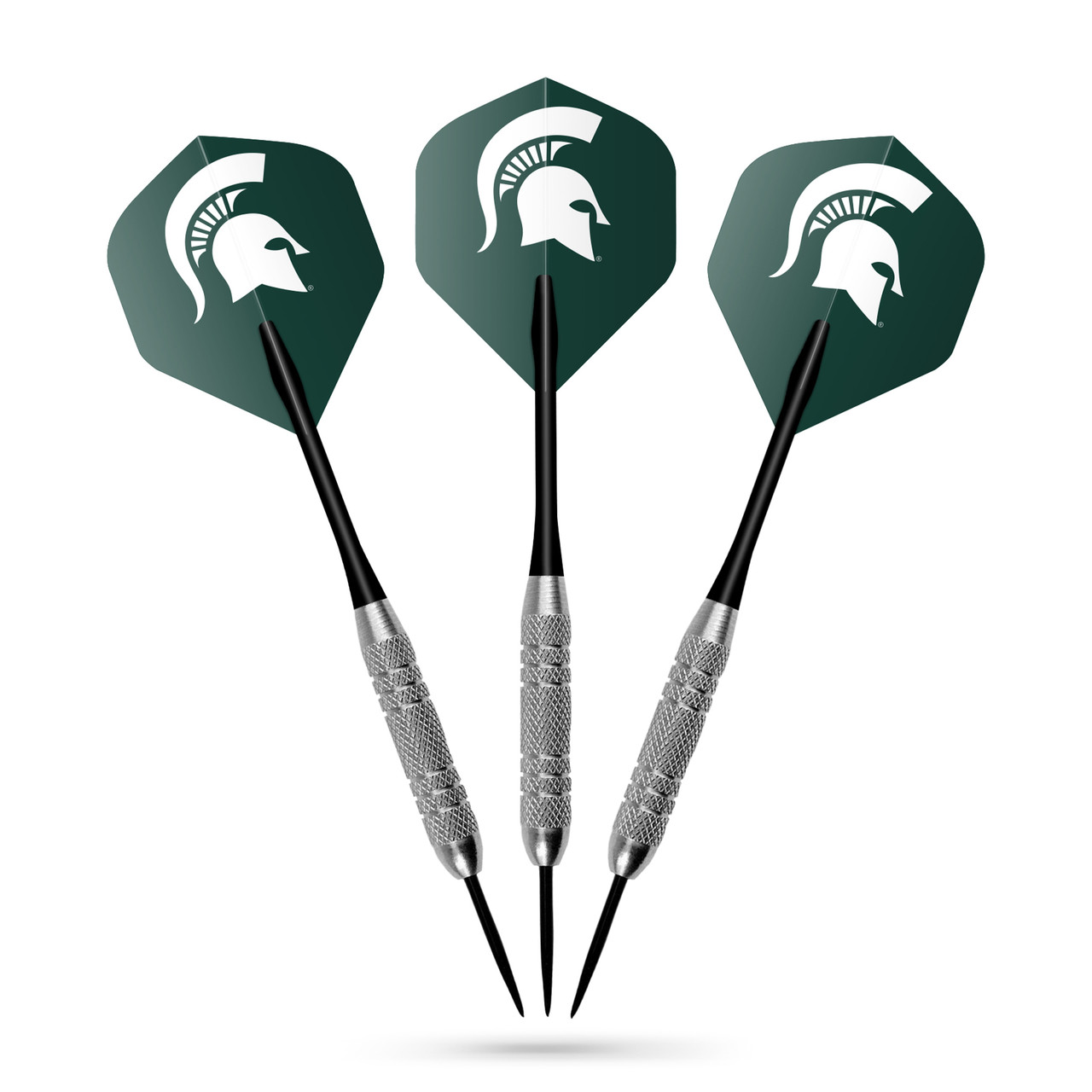 Michigan State Spartans dart set featuring three steel-tip darts with green flights displaying the white Spartans helmet logo.