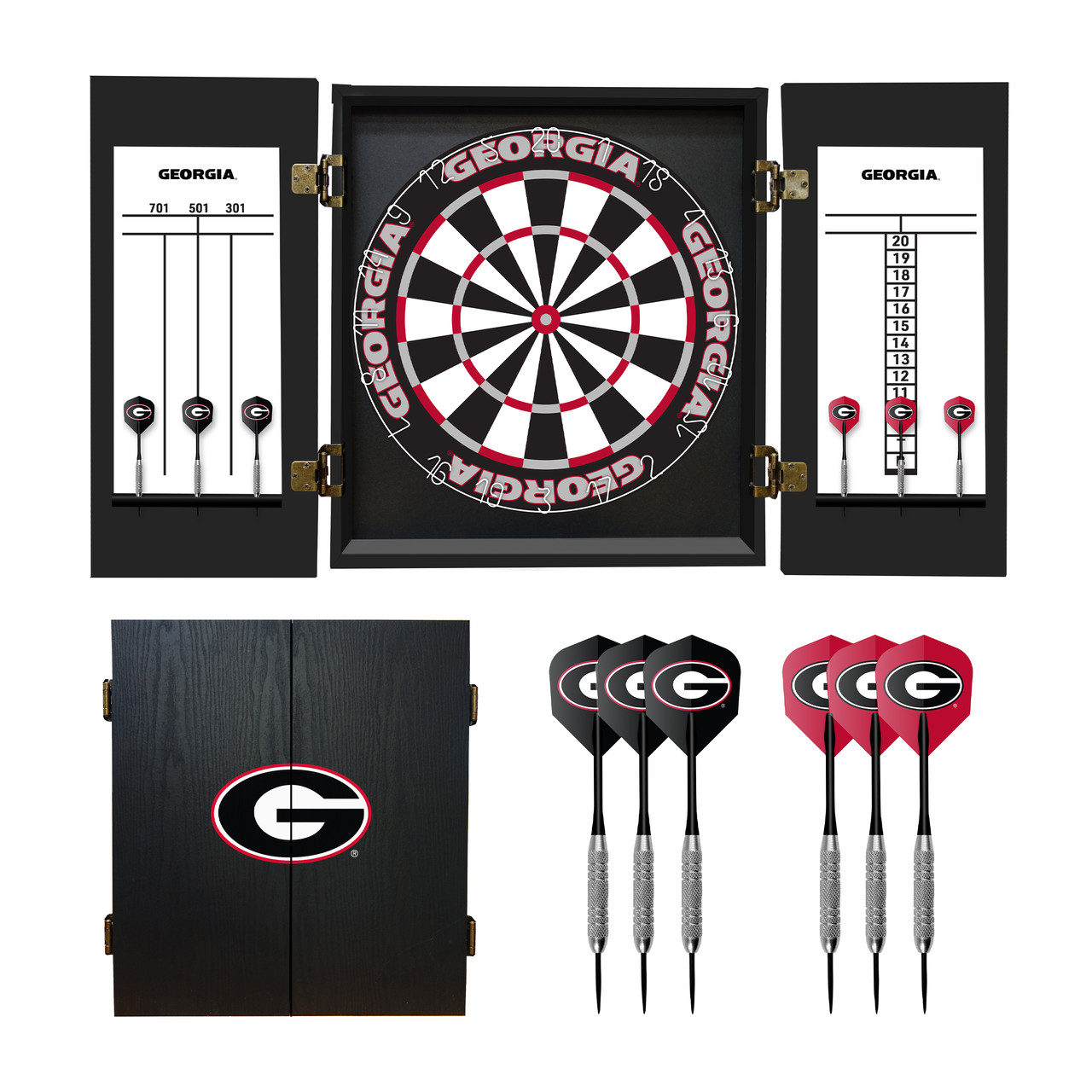 Georgia Bulldogs dart cabinet set featuring an open cabinet with dartboard, scoreboards, darts, red flights, and a black cabinet door with the Georgia G logo.