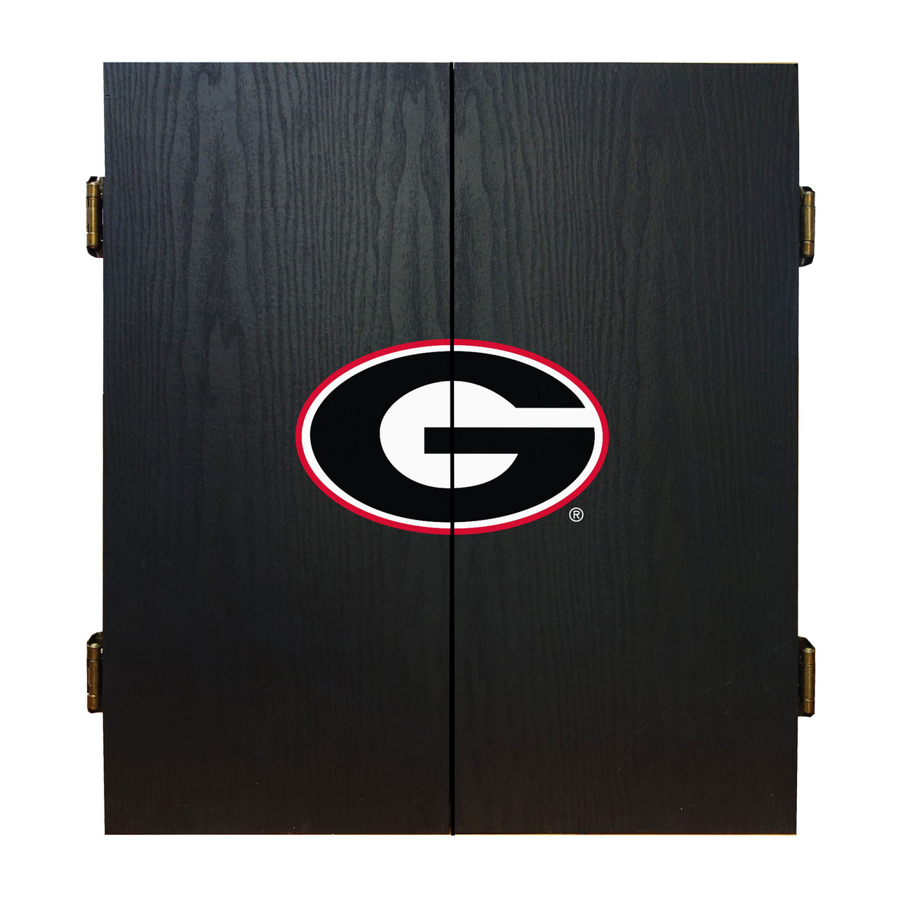 Closed Georgia Bulldogs dart cabinet in black with the red, black, and white Georgia G logo displayed on the front doors.