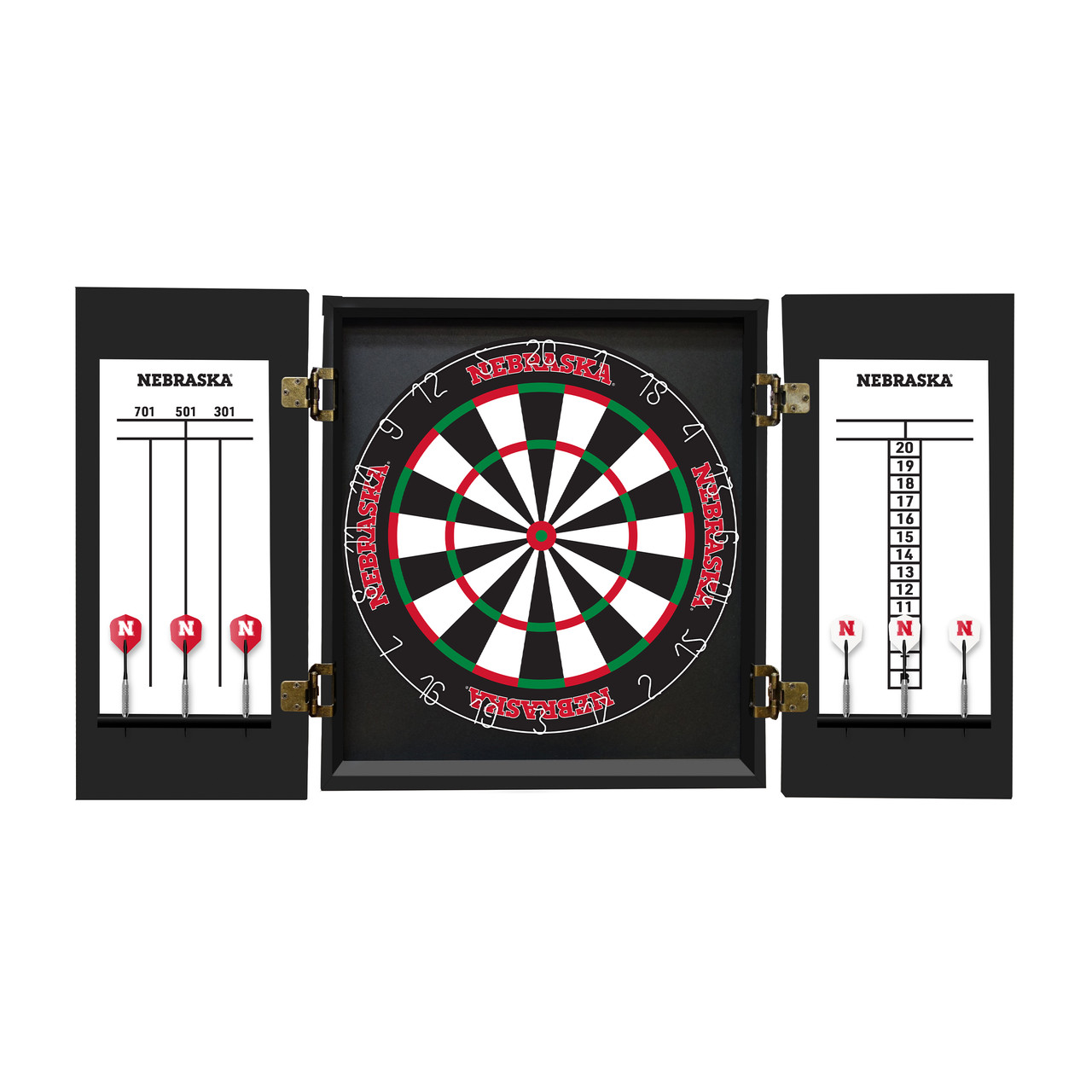 Nebraska Cornhuskers dartboard cabinet shown open with a regulation-style dartboard and built-in scoreboards on each side.