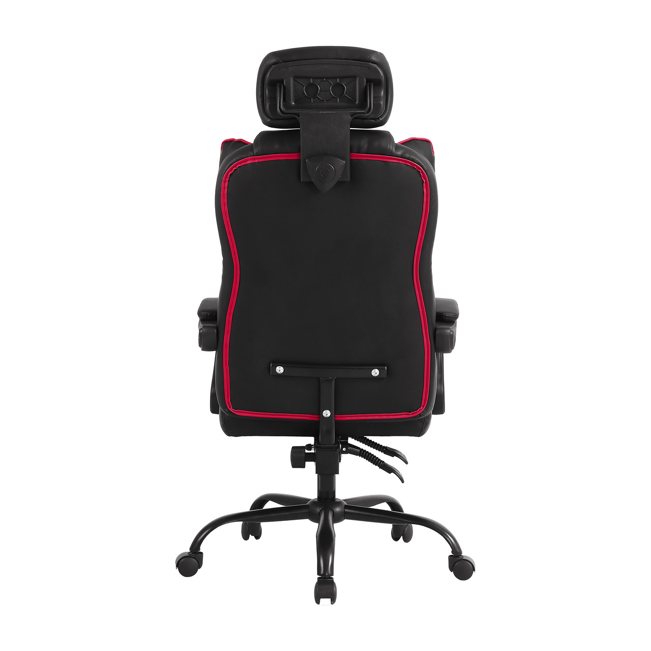 Back view of the Ohio State Buckeyes oversized gaming chair featuring red trim, a rear storage pouch, and Ohio State team branding on the chair back.