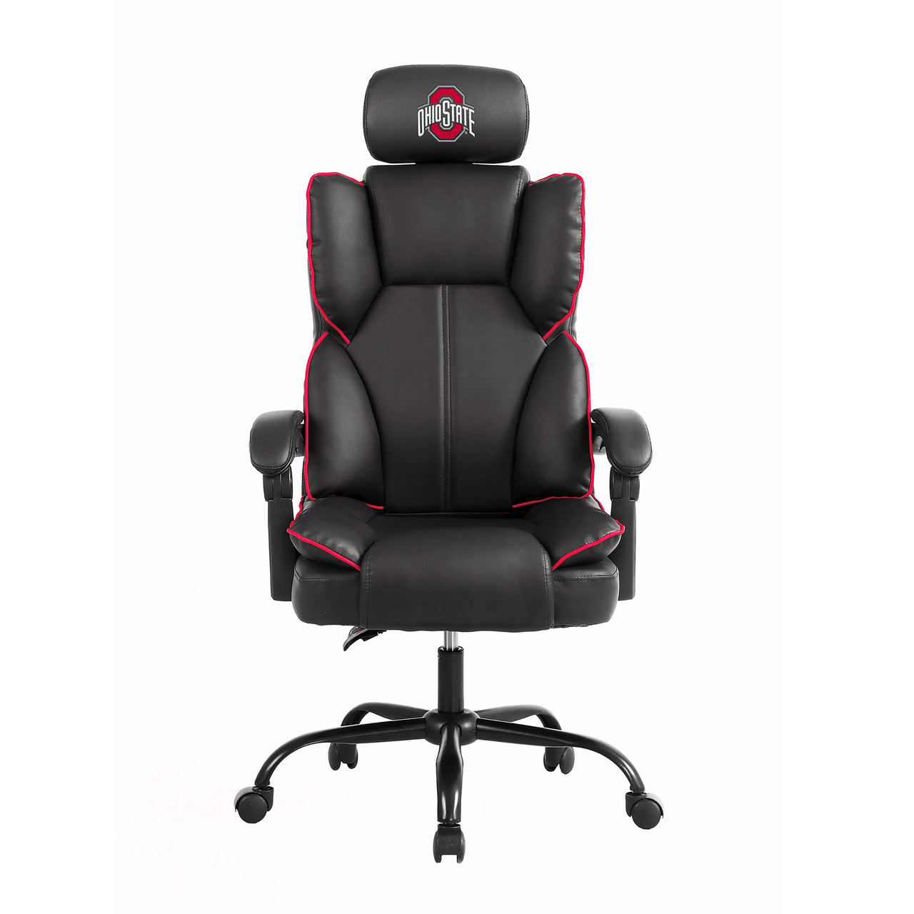 Ohio State Buckeyes oversized gaming chair in black, gray, and red with the Ohio State logo on the headrest, shown from the front.