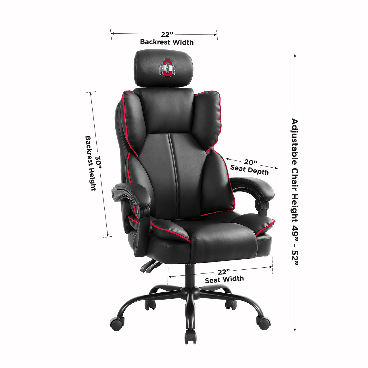 Ohio State Buckeyes oversized gaming chair shown at an angle with product dimensions and red-and-black team-inspired styling.