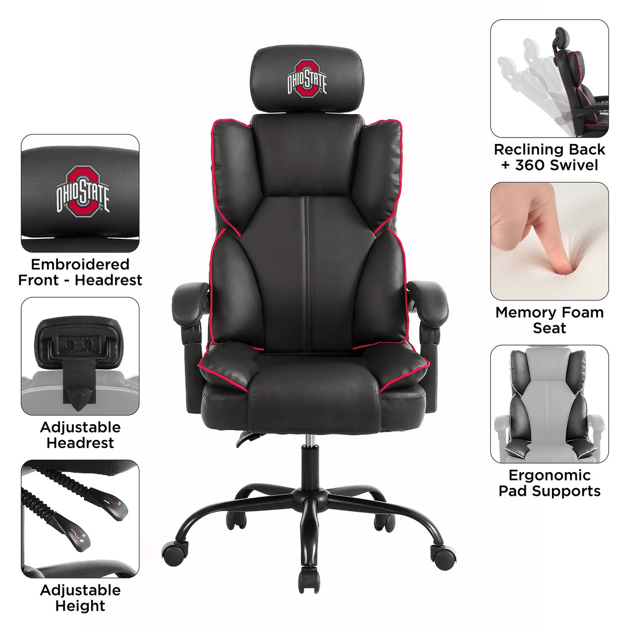Ohio State Buckeyes oversized gaming chair feature graphic highlighting the embroidered logo, padded arms, adjustable height, storage pouch, and comfortable seating design.