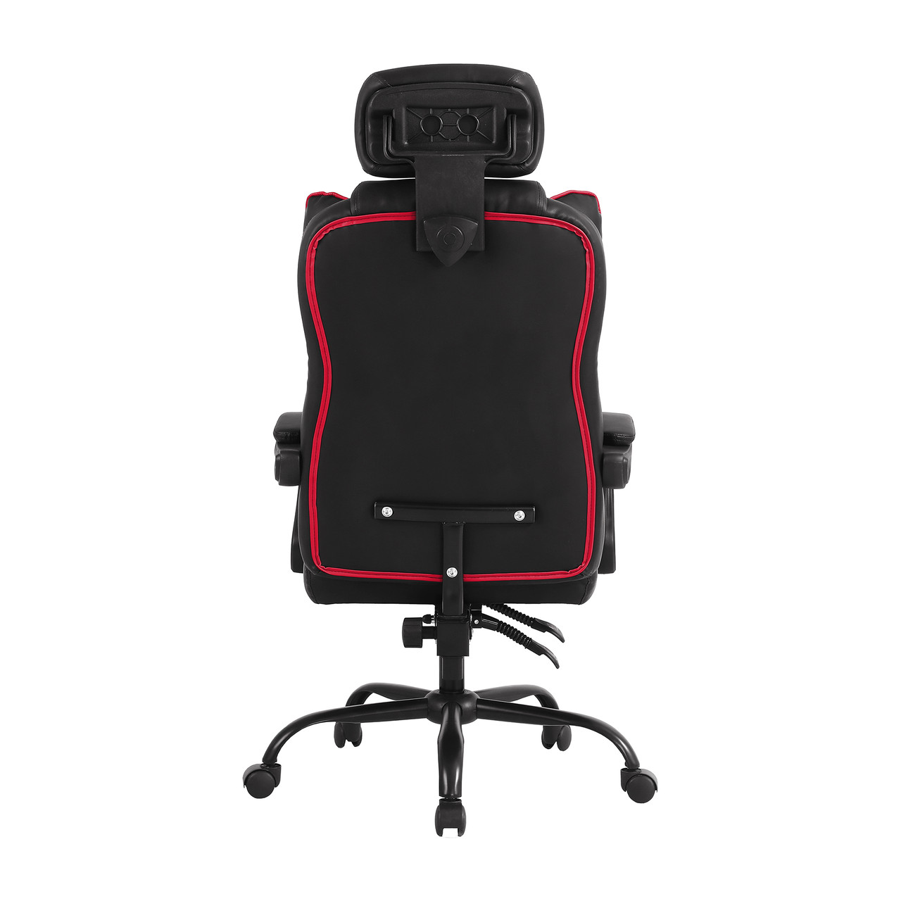 Back view of the Nebraska Cornhuskers oversized gaming chair featuring red trim, a rear storage pouch, and Nebraska team branding on the chair back.