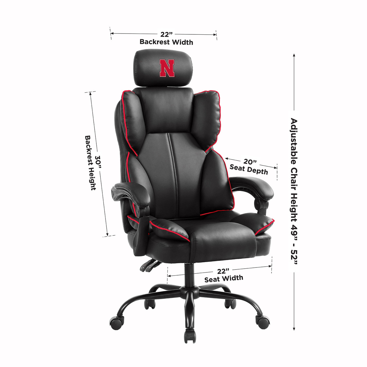 Nebraska Cornhuskers oversized gaming chair shown at an angle with product dimensions and red-and-black team-inspired styling.