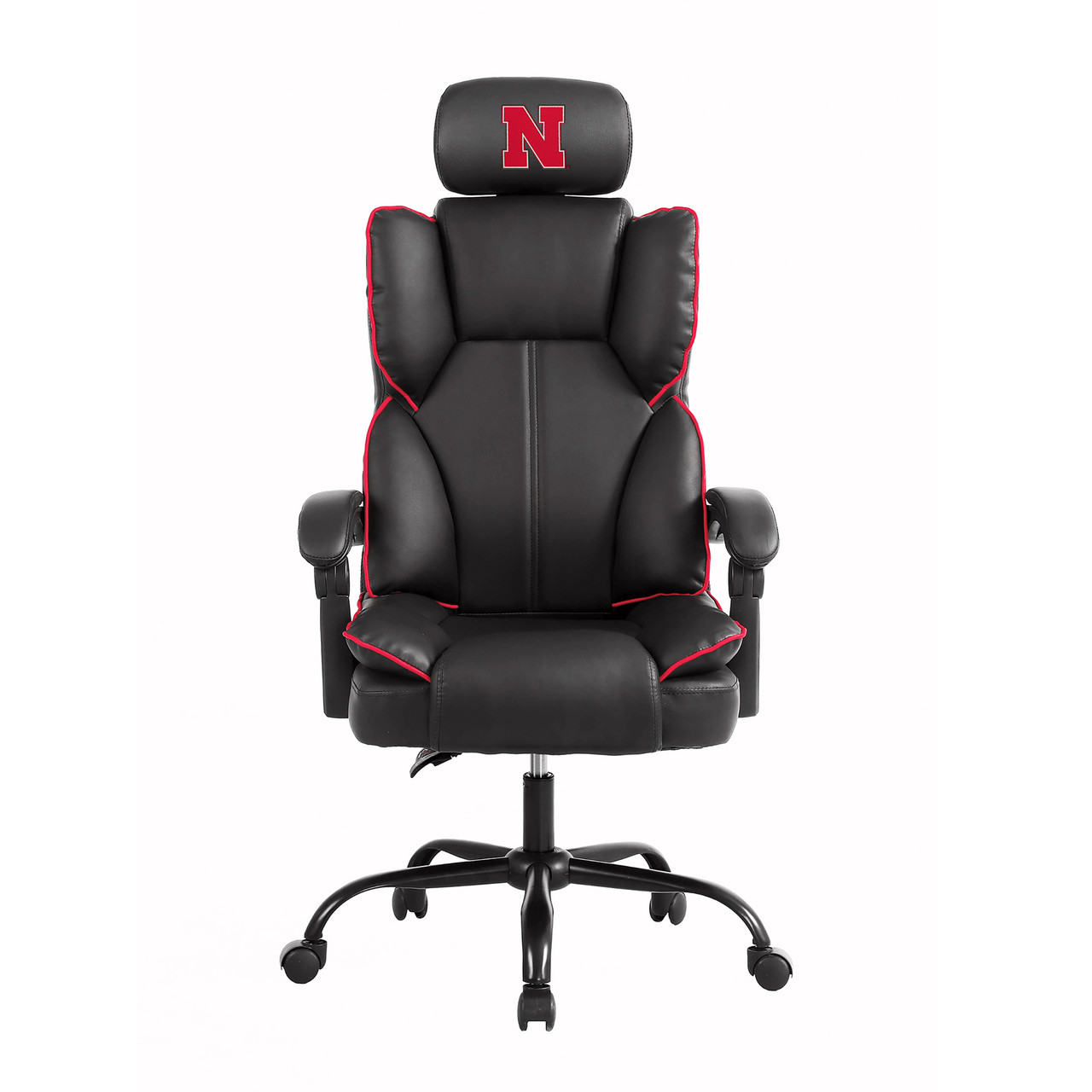 Nebraska Cornhuskers oversized gaming chair in black, gray, and red with the Nebraska N logo on the headrest, shown from the front.