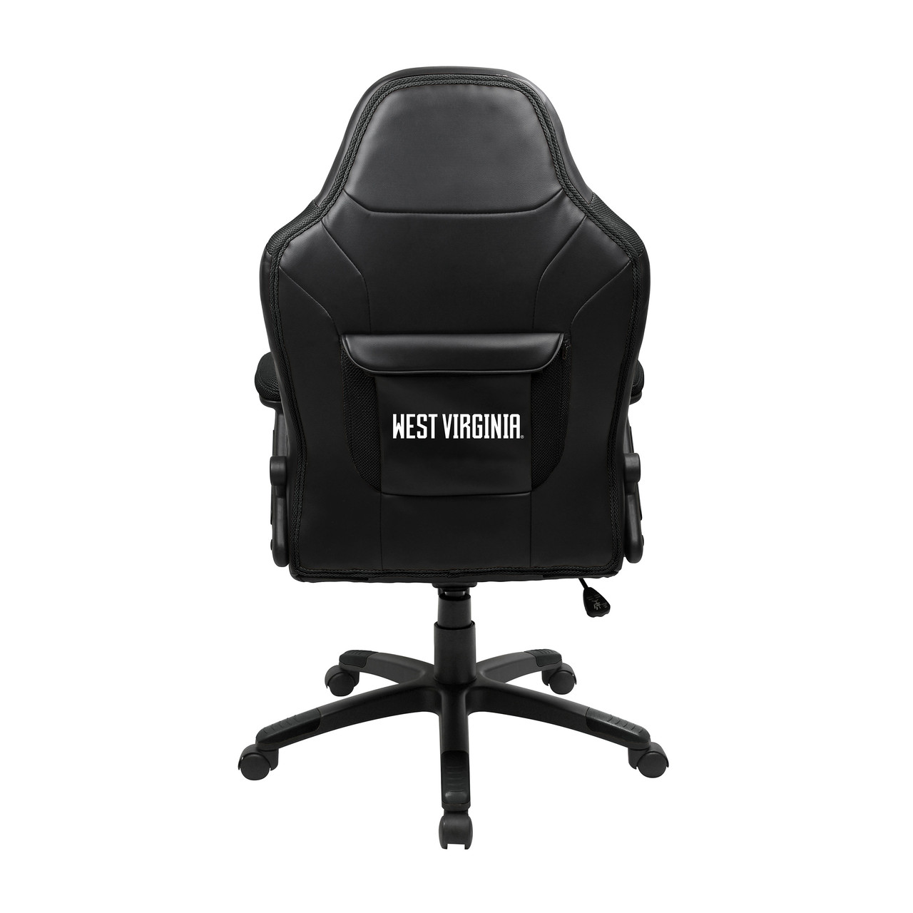 Back view of the West Virginia Mountaineers oversized gaming chair featuring a rear storage pouch and Mountaineers team branding on the chair back.