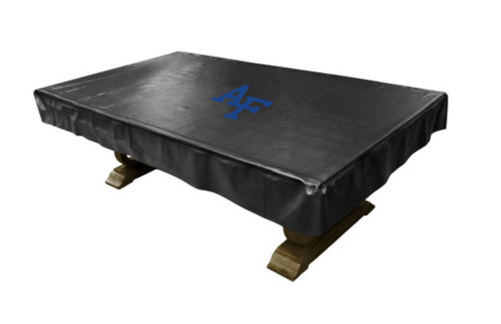 Angled view of the black Air Force Academy Falcons pool table cover fitted over a billiard table, featuring a blue AF logo centered on the top and protective draped sides.