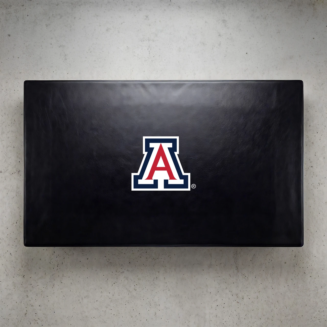 Arizona Wildcats pool table cover shown from above, featuring a black cover design with the Arizona “A” logo centered on the surface. This NCAA billiard table cover is designed to protect the table while showcasing University of Arizona team pride.