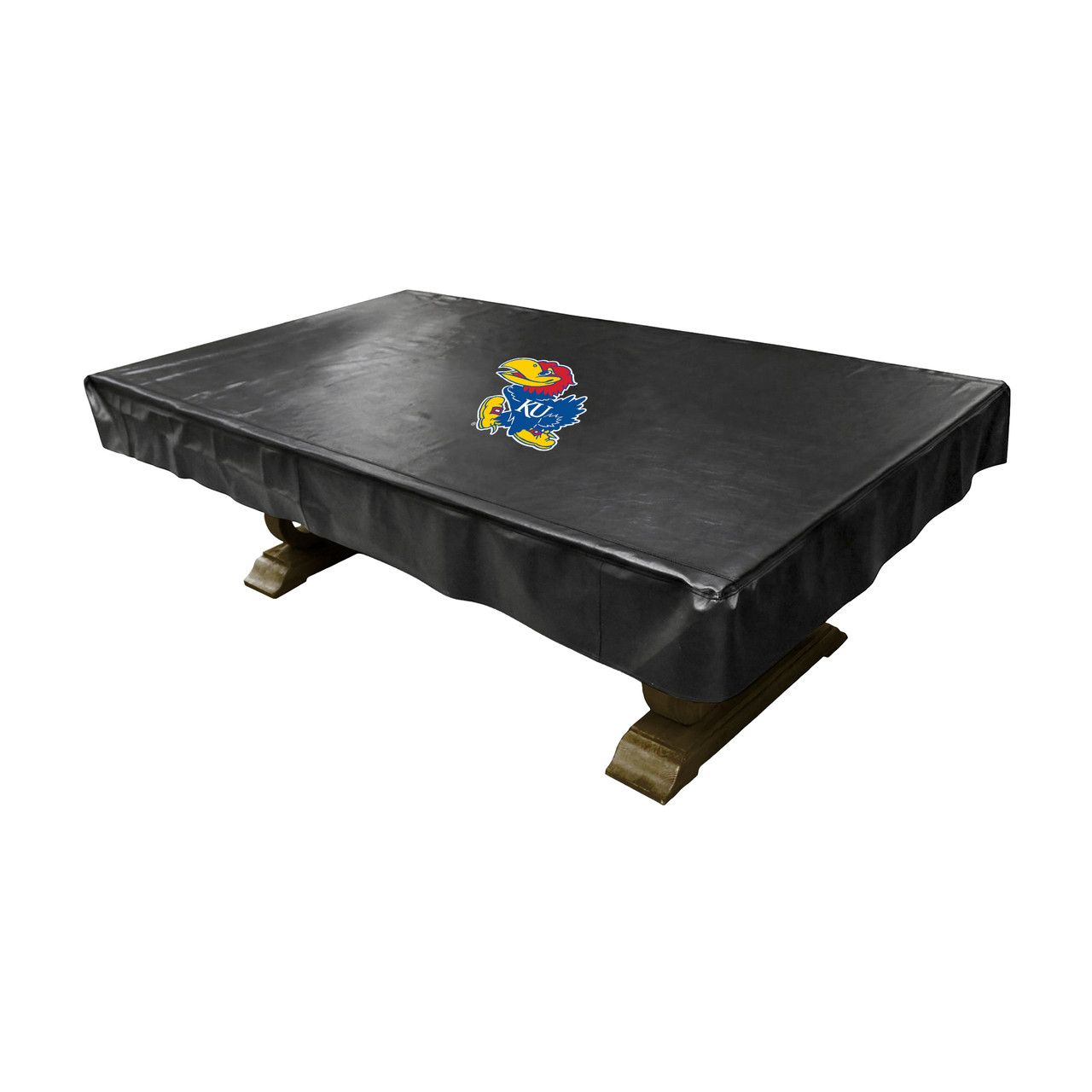 Kansas Jayhawks black pool table cover displayed on a billiard table, featuring the colorful Kansas Jayhawks logo centered on top. This custom NCAA table cover helps protect the pool table surface while adding Jayhawks team spirit to a game room, fan cave, pool room, or entertainment space.