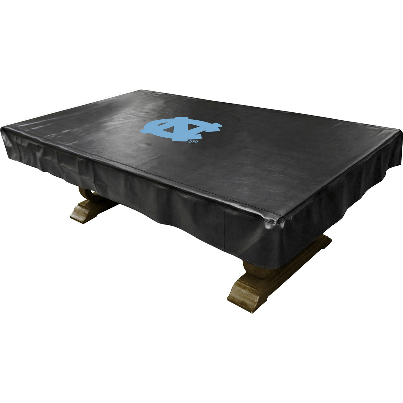 North Carolina Tar Heels black pool table cover displayed on a billiard table, featuring the Carolina blue UNC logo centered on top. This custom NCAA table cover helps protect the pool table surface while adding Tar Heels team spirit to a game room, fan cave, pool room, or entertainment space.
