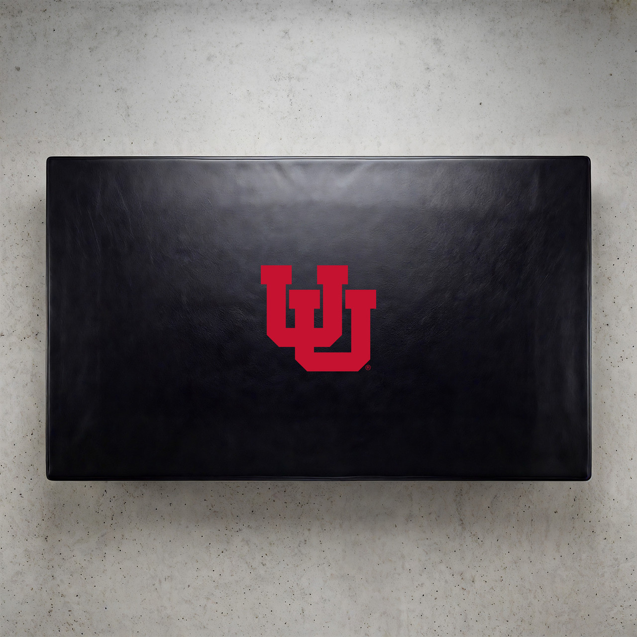 Utah Utes pool table cover shown from above, featuring a black cover design with the red Utah “U” logo centered on the surface. This NCAA billiard table cover is designed to protect the table while showcasing University of Utah team pride.