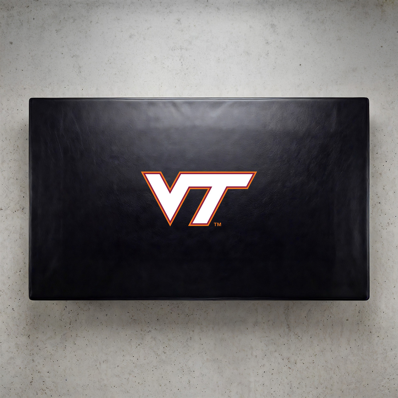 Virginia Tech Hokies pool table cover shown from above, featuring a black cover design with the maroon and orange Virginia Tech “VT” logo centered on the surface. This NCAA billiard table cover is designed to protect the table while showcasing Virginia Tech team pride.