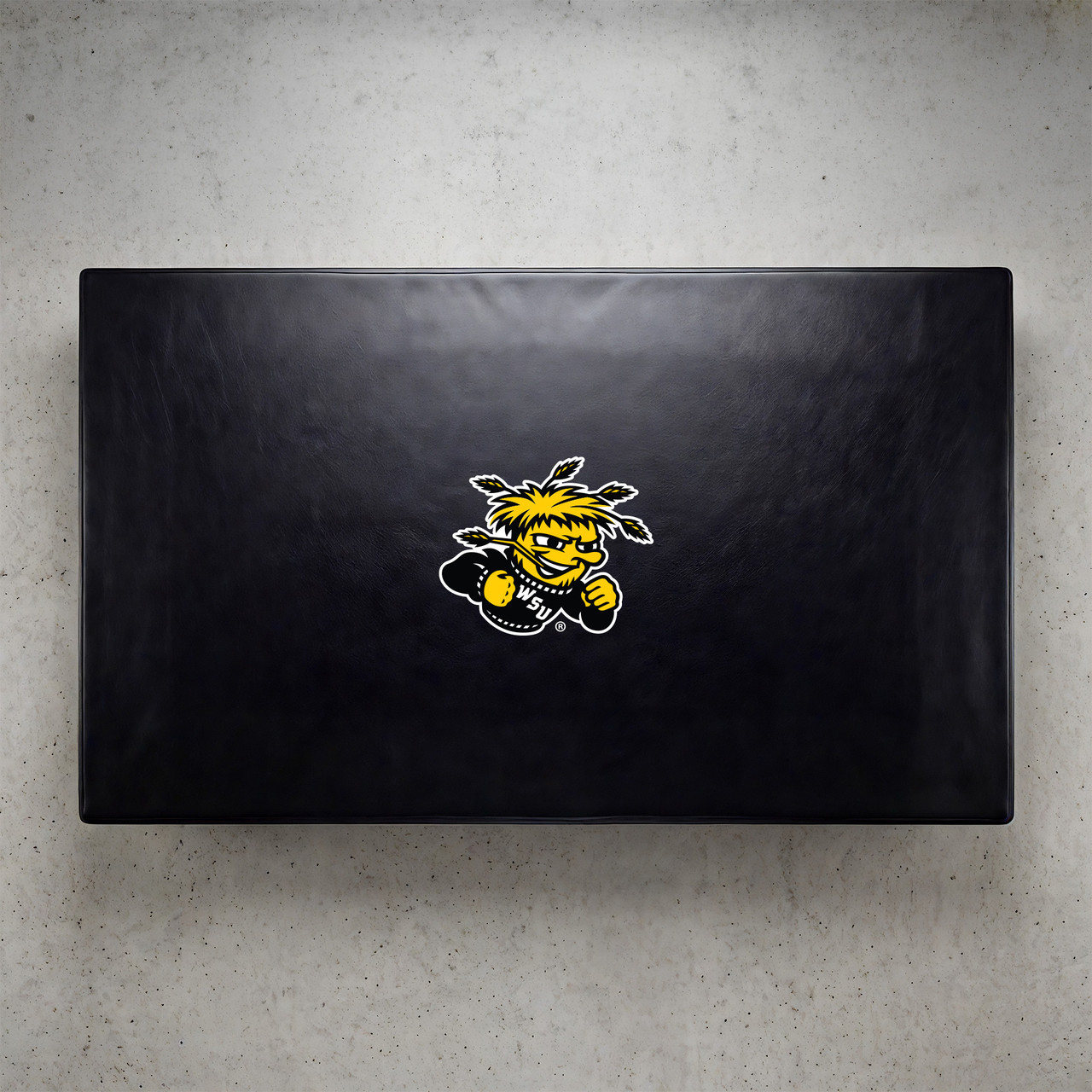 Wichita State Shockers pool table cover shown from above, featuring a black cover design with the yellow and black Wichita State Shockers logo centered on the surface. This NCAA billiard table cover is designed to protect the table while showcasing Wichita State University team pride.