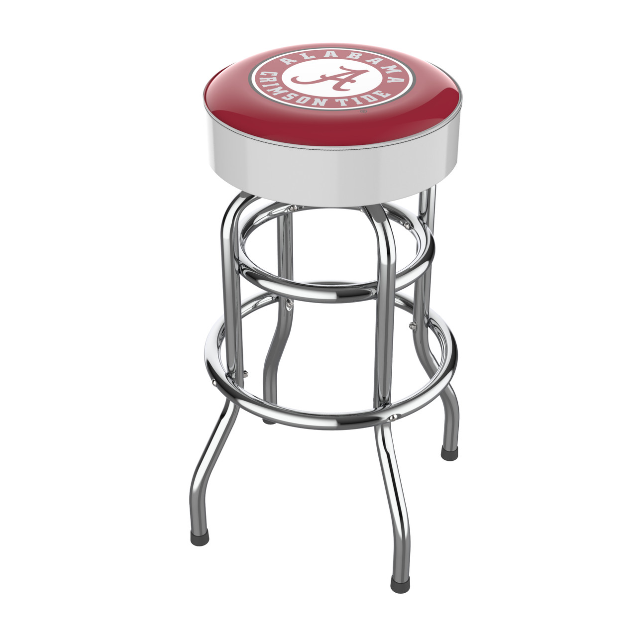 Alabama Crimson Tide chrome bar stool featuring a round red and white team logo seat with shiny chrome legs and footrest. This NCAA bar stool is a great seating option for a fan cave, game room, bar area, pool room, or entertainment space.