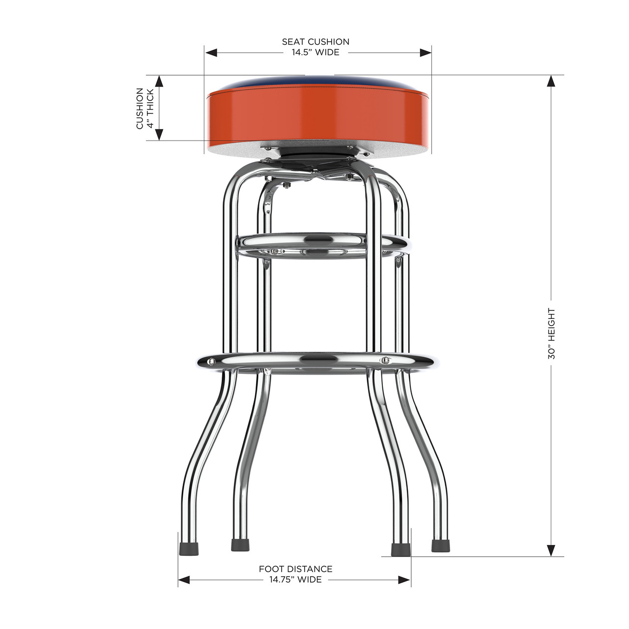 Side view of the Auburn Tigers chrome bar stool, highlighting the round padded seat, chrome frame, curved legs, footrest, and overall stool profile. This NCAA team bar stool is designed for sports-themed seating in a game room, bar area, or entertainment space.