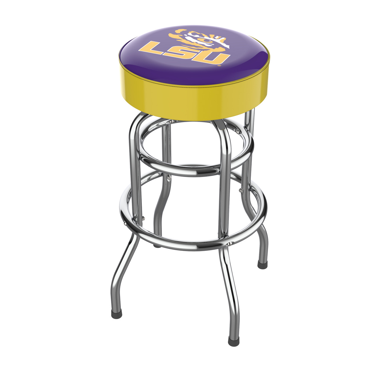LSU Tigers 30" chrome bar stool featuring a round purple and gold team logo seat with shiny chrome legs and footrest. This NCAA bar stool is a great seating option for a fan cave, game room, bar area, pool room, or entertainment space.