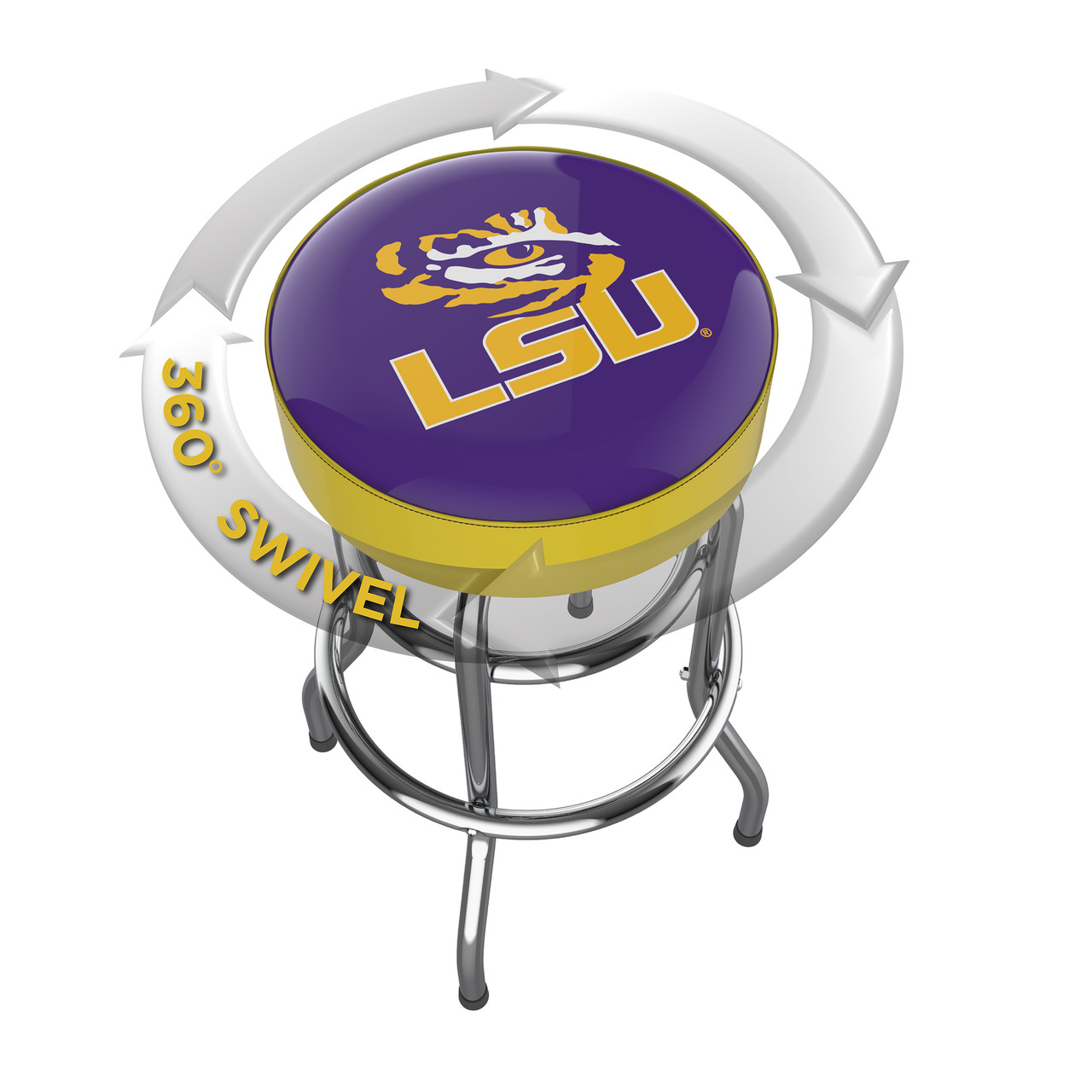LSU Tigers chrome bar stool shown from above, featuring the round team logo seat and a 360-degree swivel design. This LSU bar stool adds Tigers team pride and functional seating to a home bar, game room, fan cave, or pool room.