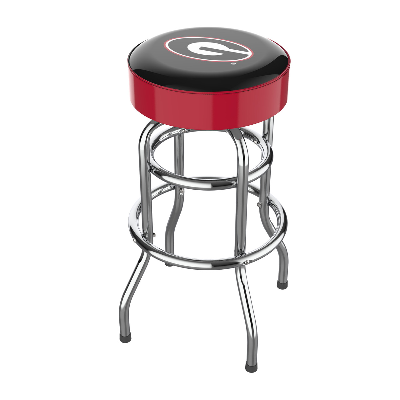 Georgia Bulldogs 30" chrome bar stool featuring a round red, black, and white team logo seat with shiny chrome legs and footrest. This NCAA bar stool is a great seating option for a fan cave, game room, bar area, pool room, or entertainment space.