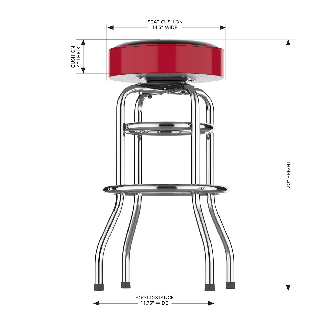 Side view of the Georgia Bulldogs 30" chrome bar stool, highlighting the round padded seat, polished chrome frame, curved legs, footrest, and stool height. This NCAA team bar stool is designed for sports-themed seating in a game room, bar area, or entertainment space.