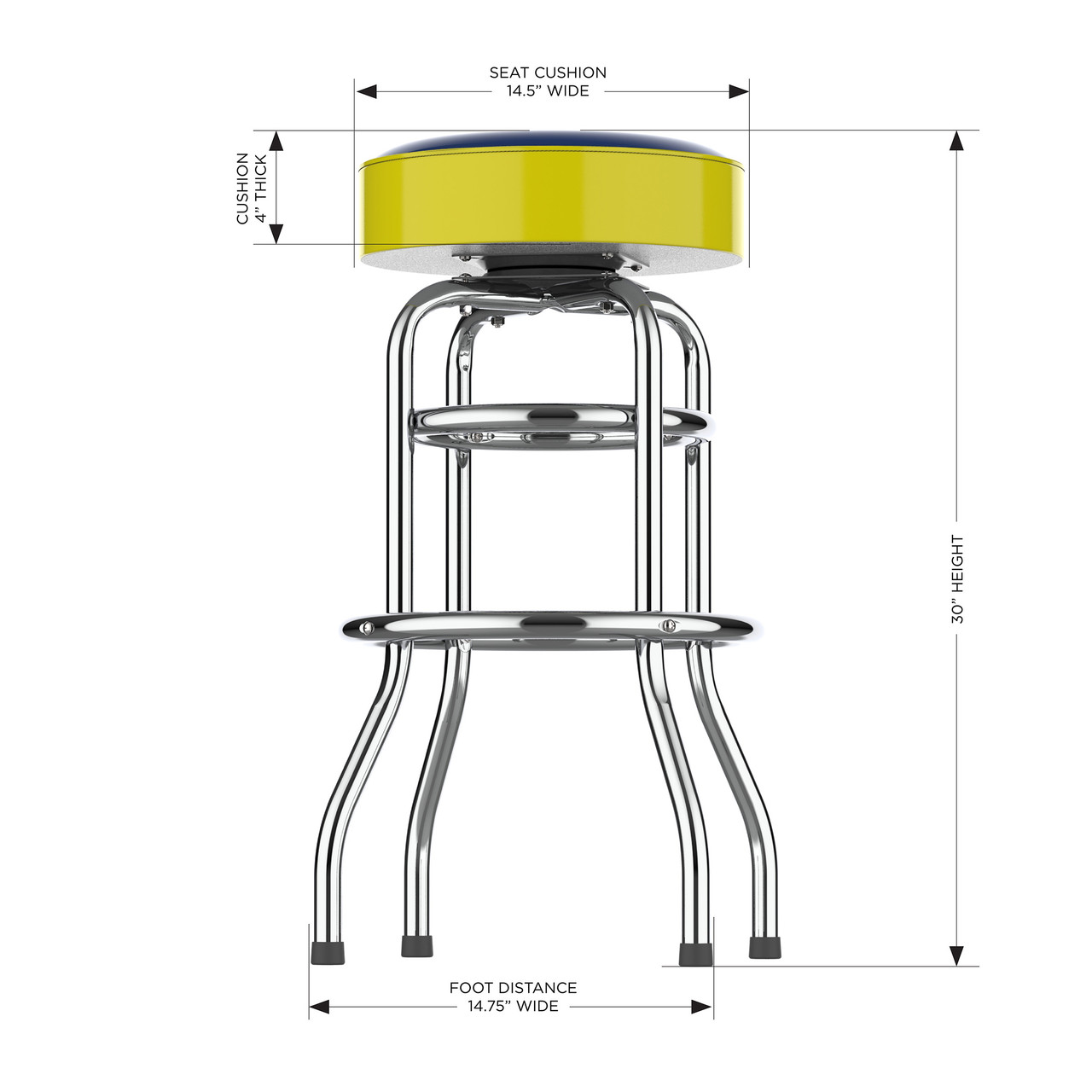 Side view of the Michigan Wolverines 30" chrome bar stool, highlighting the round padded seat, polished chrome frame, curved legs, footrest, and stool height. This NCAA team bar stool is designed for sports-themed seating in a game room, bar area, or entertainment space.