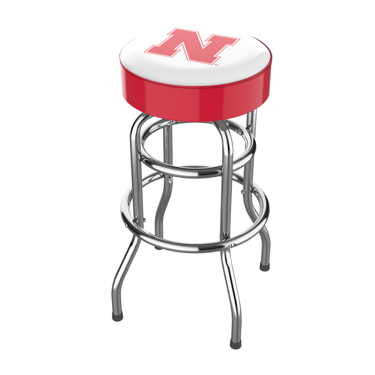 Nebraska Cornhuskers 30" chrome bar stool featuring a round red and white team logo seat with shiny chrome legs and footrest. This NCAA bar stool is a great seating option for a fan cave, game room, bar area, pool room, or entertainment space.