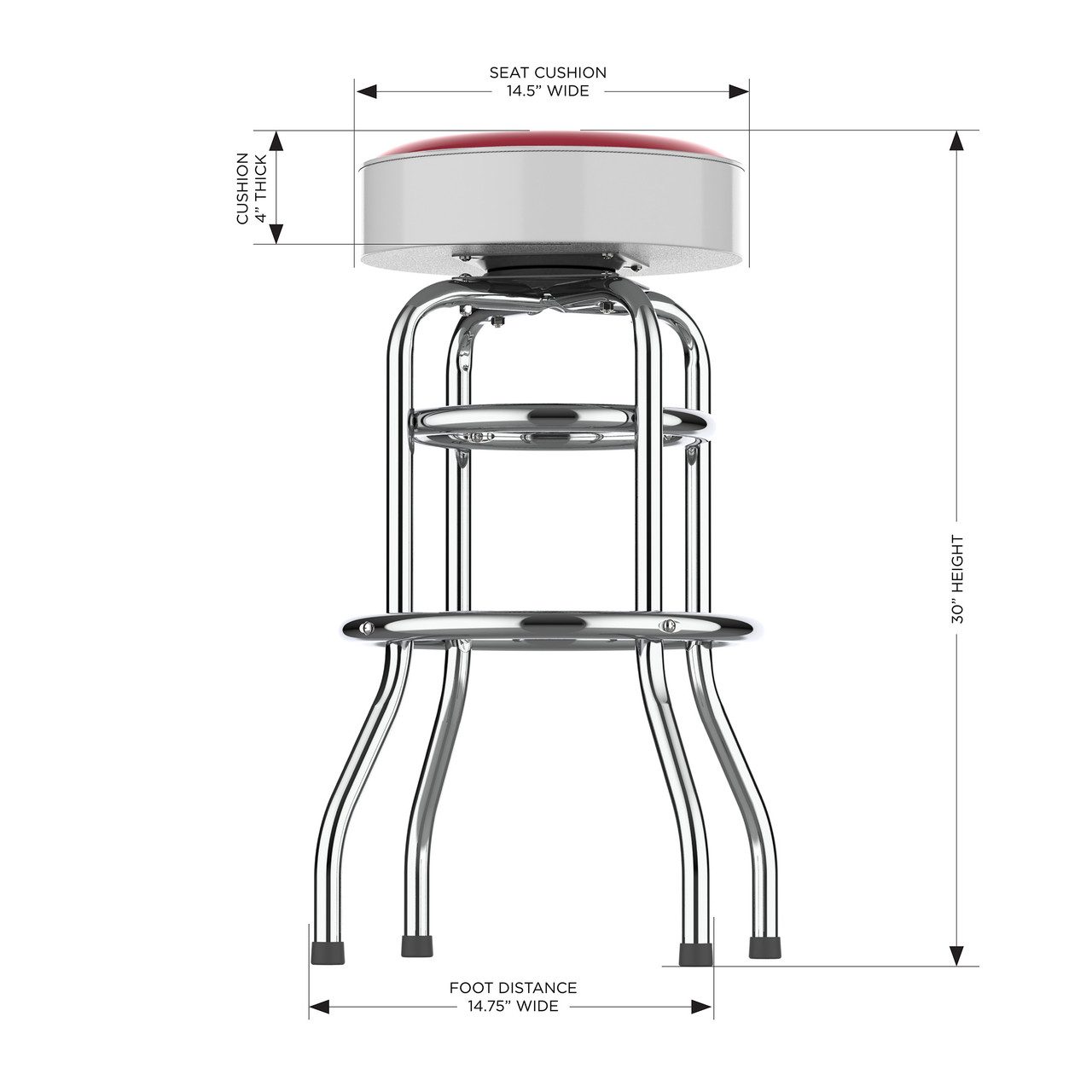 Side view of the Wisconsin Badgers 30" chrome bar stool, highlighting the round padded seat, polished chrome frame, curved legs, footrest, and stool height. This NCAA team bar stool is designed for sports-themed seating in a game room, bar area, or entertainment space.