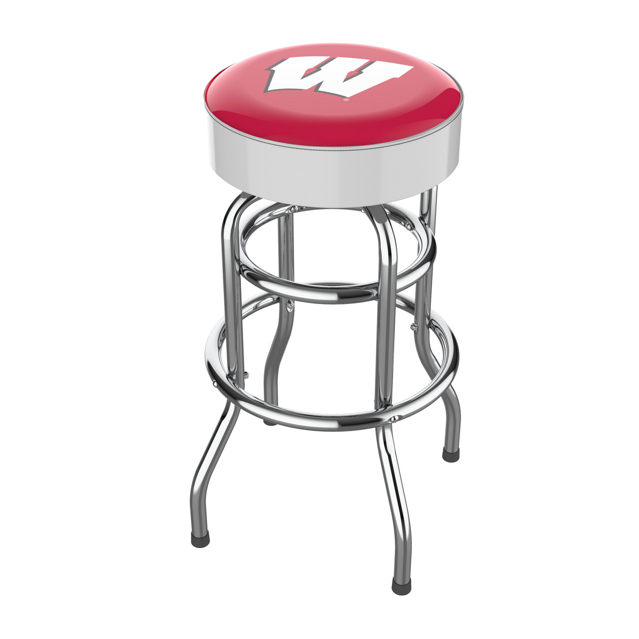 Wisconsin Badgers 30" chrome bar stool featuring a round red and white team logo seat with shiny chrome legs and footrest. This NCAA bar stool is a great seating option for a fan cave, game room, bar area, pool room, or entertainment space.
