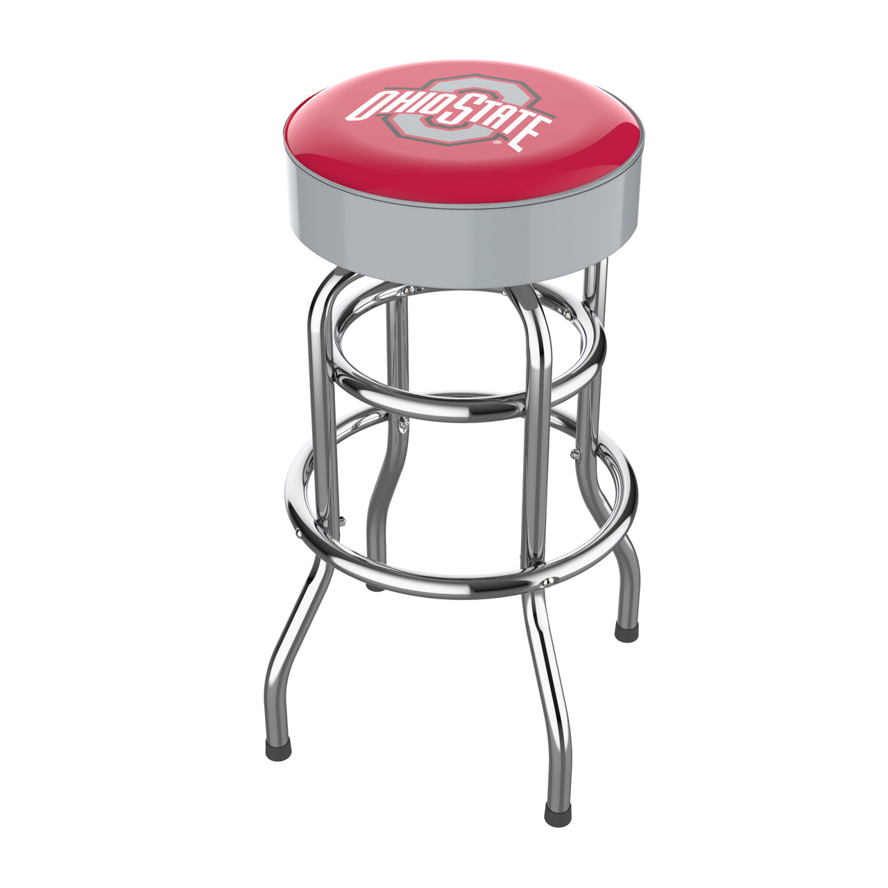Ohio State Buckeyes 30" chrome bar stool featuring a round scarlet and gray team logo seat with shiny chrome legs and footrest. This NCAA bar stool is a great seating option for a fan cave, game room, bar area, pool room, or entertainment space.