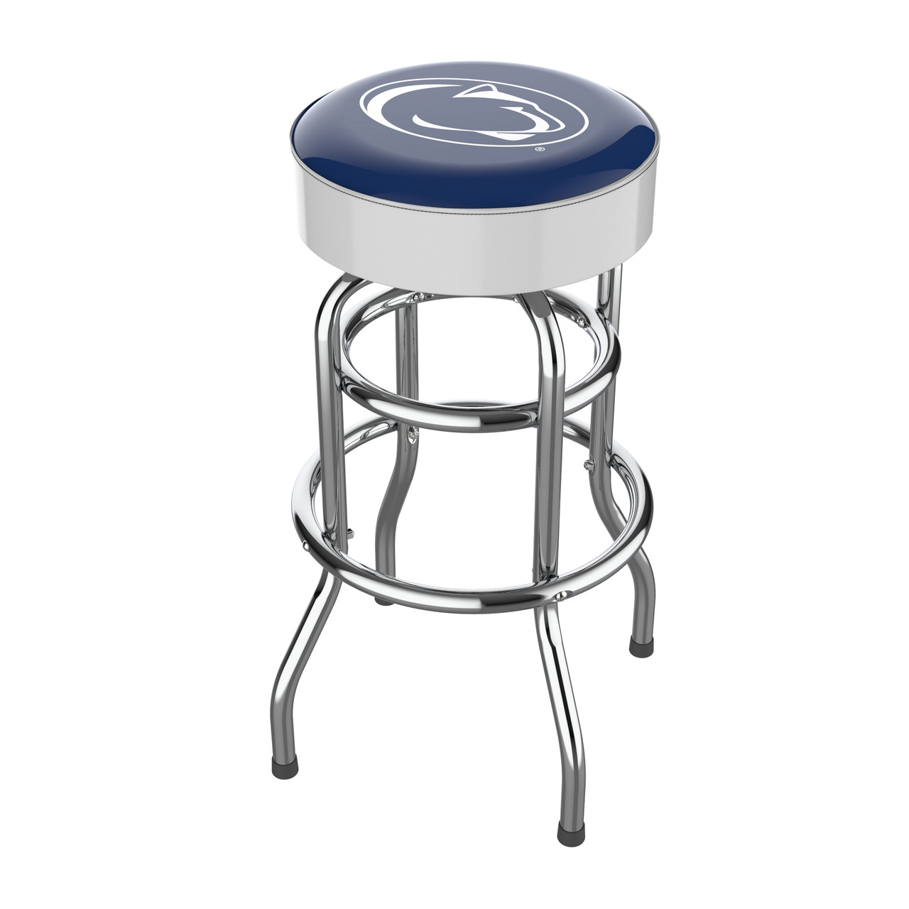 Penn State Nittany Lions 30" chrome bar stool featuring a round navy blue and white team logo seat with shiny chrome legs and footrest. This NCAA bar stool is a great seating option for a fan cave, game room, bar area, pool room, or entertainment space.