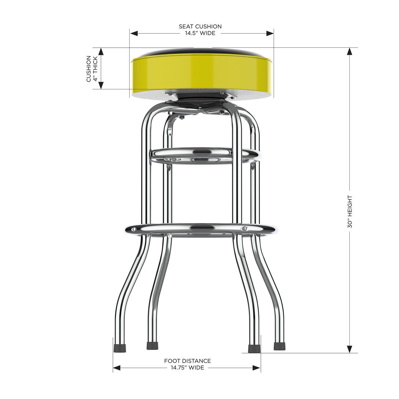 Side view of the Iowa Hawkeyes 30" chrome bar stool, highlighting the round padded seat, polished chrome frame, curved legs, footrest, and stool height. This NCAA team bar stool is designed for sports-themed seating in a game room, bar area, or entertainment space.