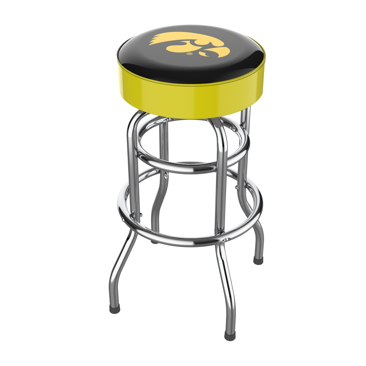 Iowa Hawkeyes 30" chrome bar stool featuring a round black and gold team logo seat with shiny chrome legs and footrest. This NCAA bar stool is a great seating option for a fan cave, game room, bar area, pool room, or entertainment space.