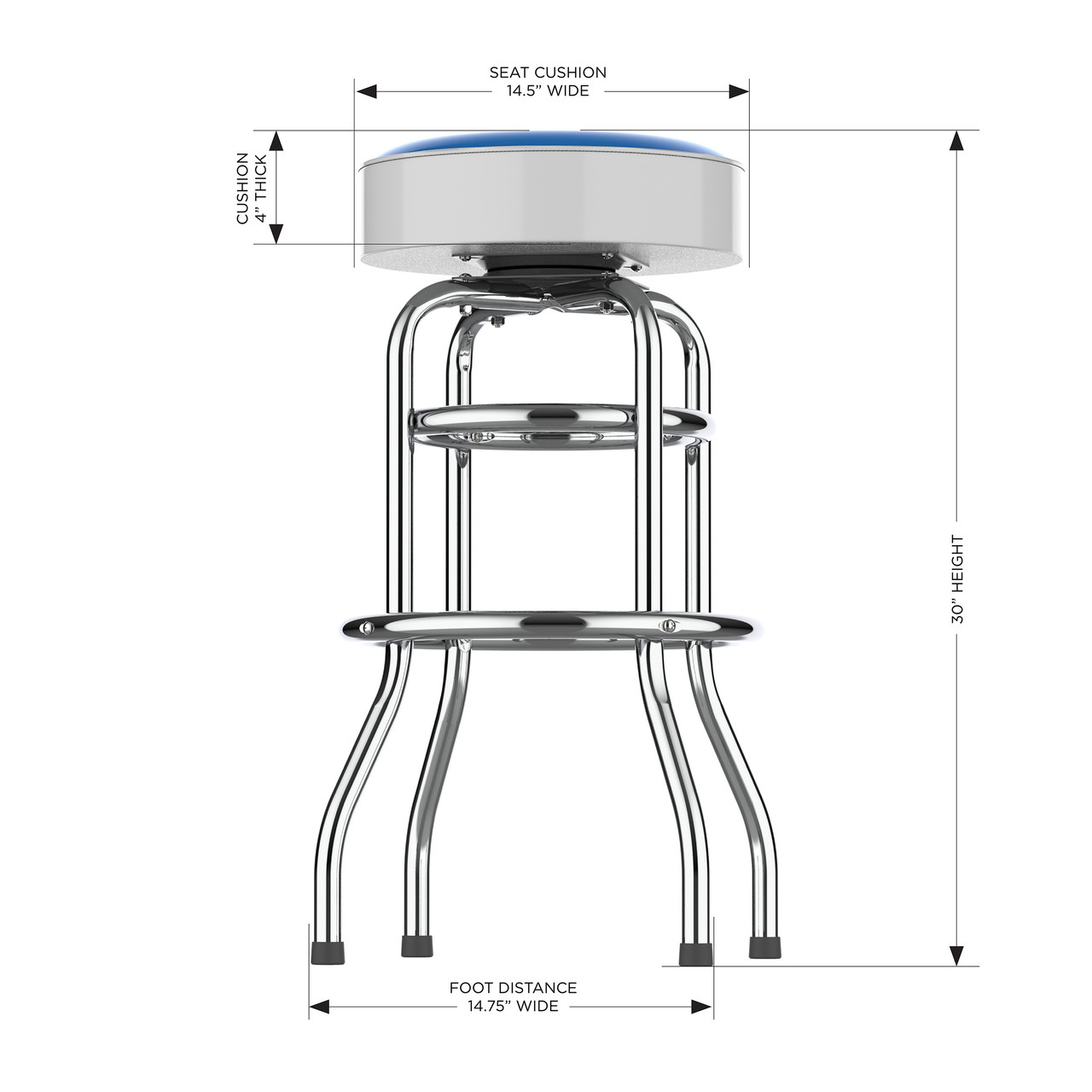 Side view of the Kansas Jayhawks 30" chrome bar stool, highlighting the round padded seat, polished chrome frame, curved legs, footrest, and stool height. This NCAA team bar stool is designed for sports-themed seating in a game room, bar area, or entertainment space.